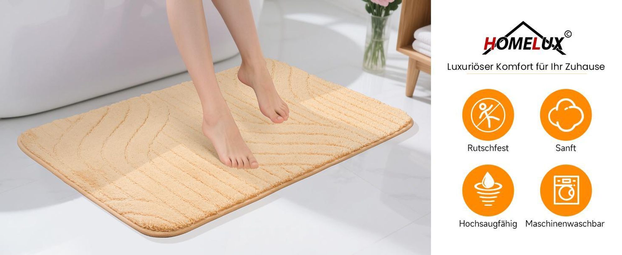 HOMELUX Badematten Set 2 Teilig rutschfest Badvorleger Badezimmer Teppich, 50 x 80cm Badeteppich + 40 x50cm WC Vorleger mit Ausschnitt,Champagner, 2BF