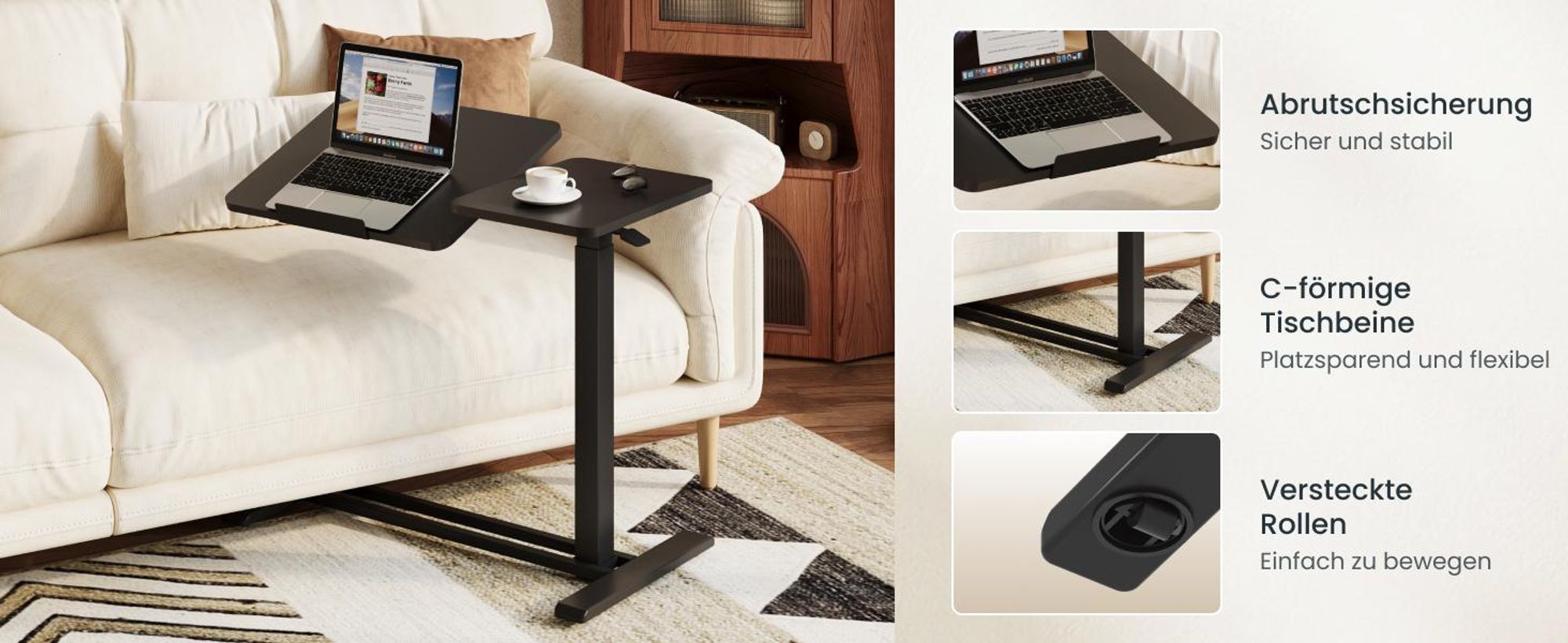 FLEXISPOT Beistelltisch Höhenverstellbar 80x40cm Laptoptisch mit Neigbarer Desktop, Betttisch mit Rollen, für Wohnzimmer und Schlafzimmer, Schwarz