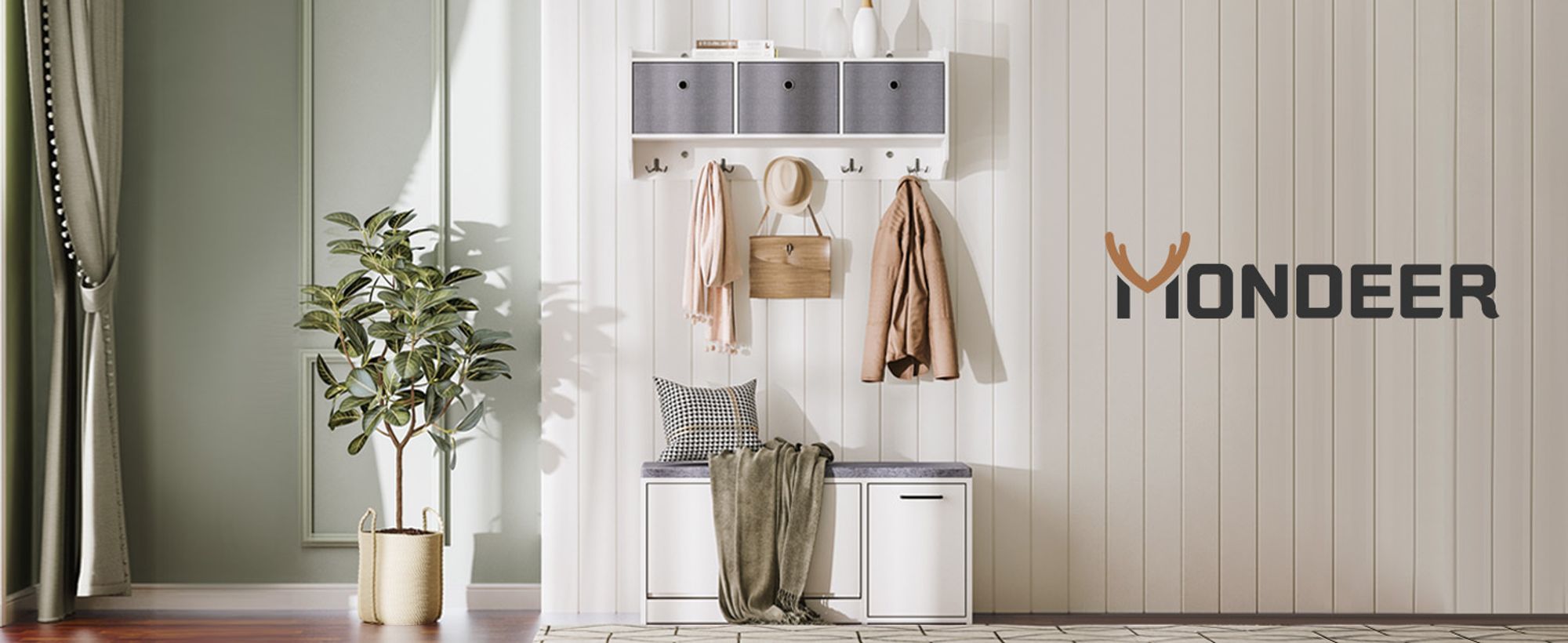 Mondeer Wandgarderobe mit 3 Körben und 5 Haken Flurgarderobe Kleiderhaken Hängeregal 97,8 x 22 x 40,2 cm Weiß
