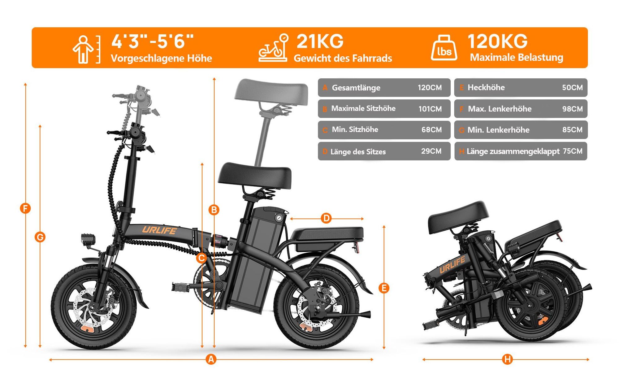 Elektrofahrrad URLIFE F1L - 250W Motor 48V 7.5Ah Batterie 14 Zoll  Reifen Scheibenbremse - Schwarz