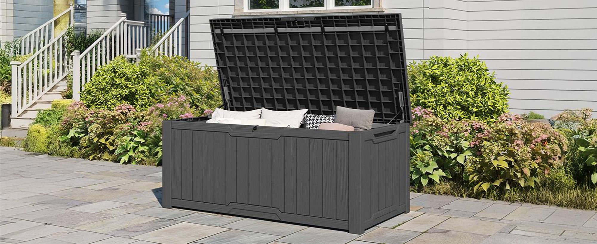 Gartenbox Außenspeicherbox, 450 L Aufbewahrungsbox mit Gasdruckfeder Deckel, Kissenbox Sitzbank Wetterfest, Dunkelgrau