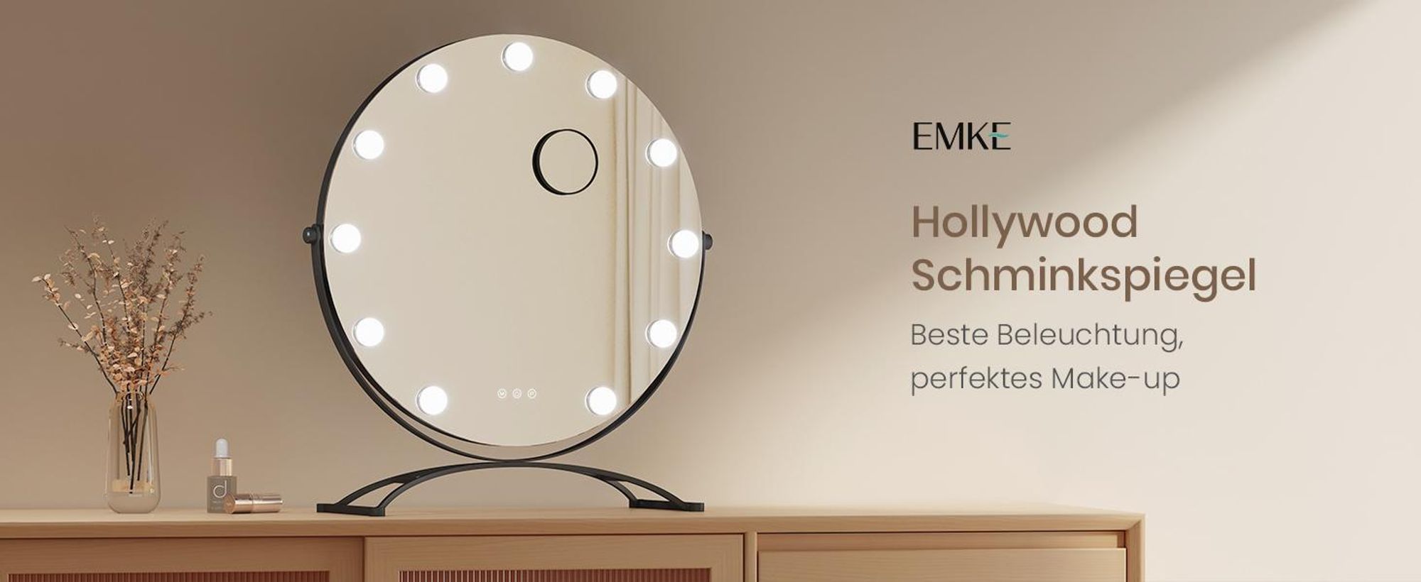 EMKE Kosmetikspiegel Hollywood 58X50cm Rund Schminkspiegel mit LED Beleuchtung und Vergrößerung 7x, 3 Lichtfarben Dimmbar, Schwarz
