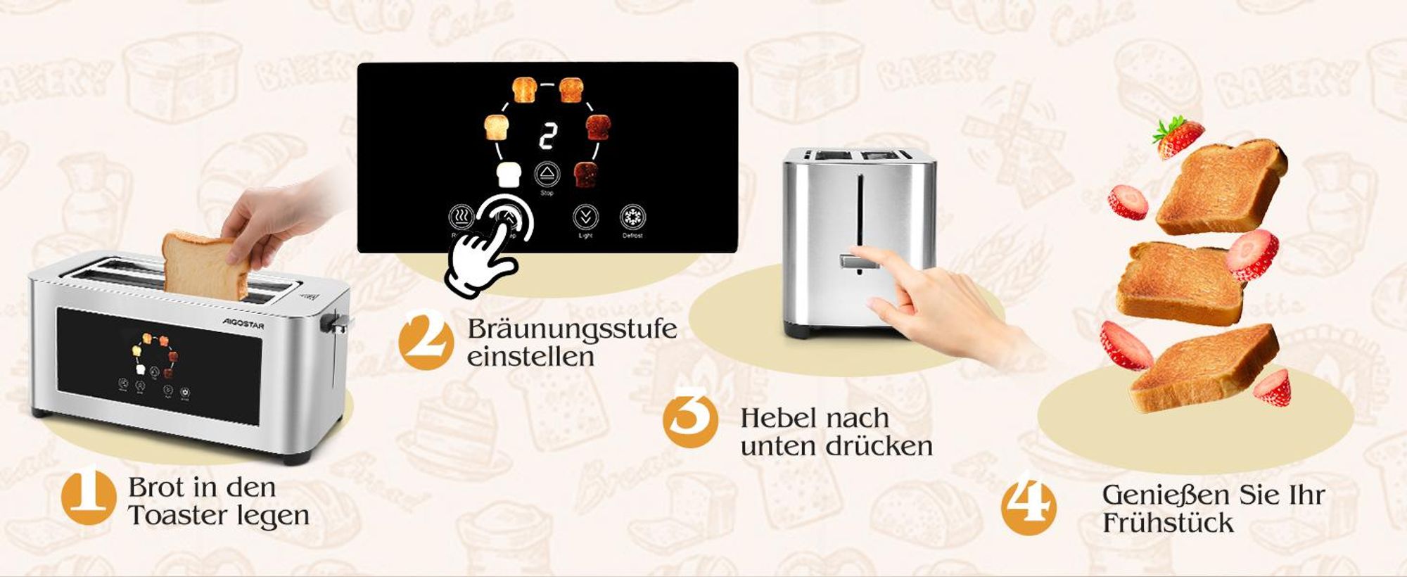 Aigostar Toaster 2/4 Scheiben, 6 Bräunungsstufen, LED-Touchscreen, Toaster Langschlitz , 2 lange Schlitze, 1400 W Brotzentrierung, Edelstahl