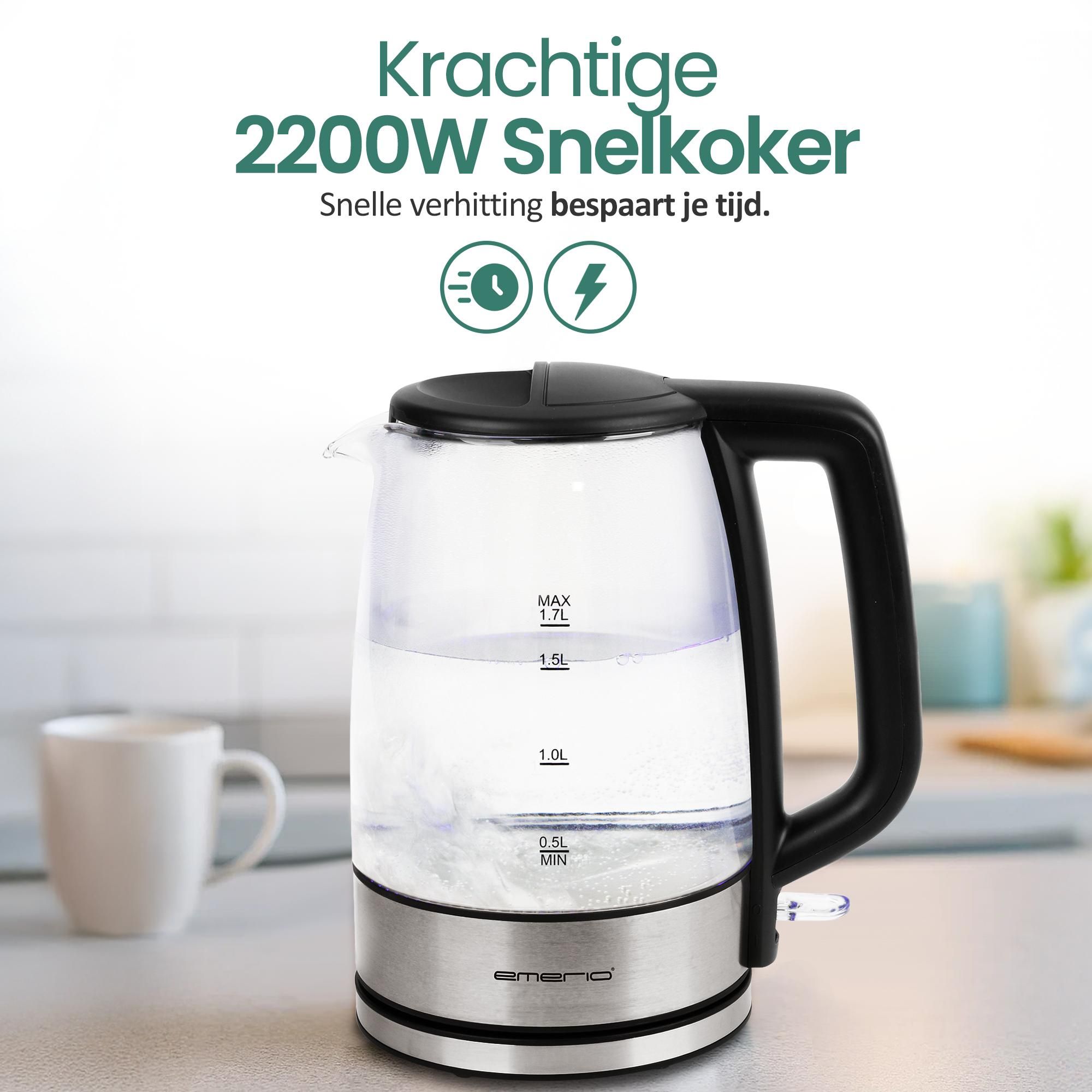 Emerio Waterkoker WK-130126 – 1,7 Liter – 2200 W – LED-verlichting – Oververhittingsbeveiliging – Waterniveau-indicator – RVS/Glas
