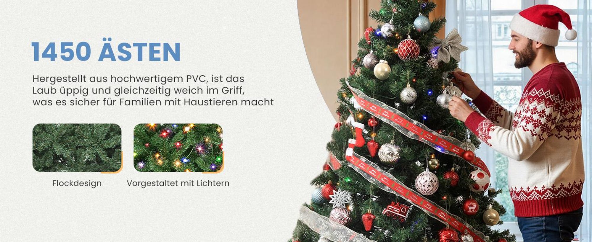 230cm Künstlicher Weihnachtsbaum mit 550 LED Beleuchtung, ca. 1100 Spitzen, Naturgetreu Kifer, Metallständer