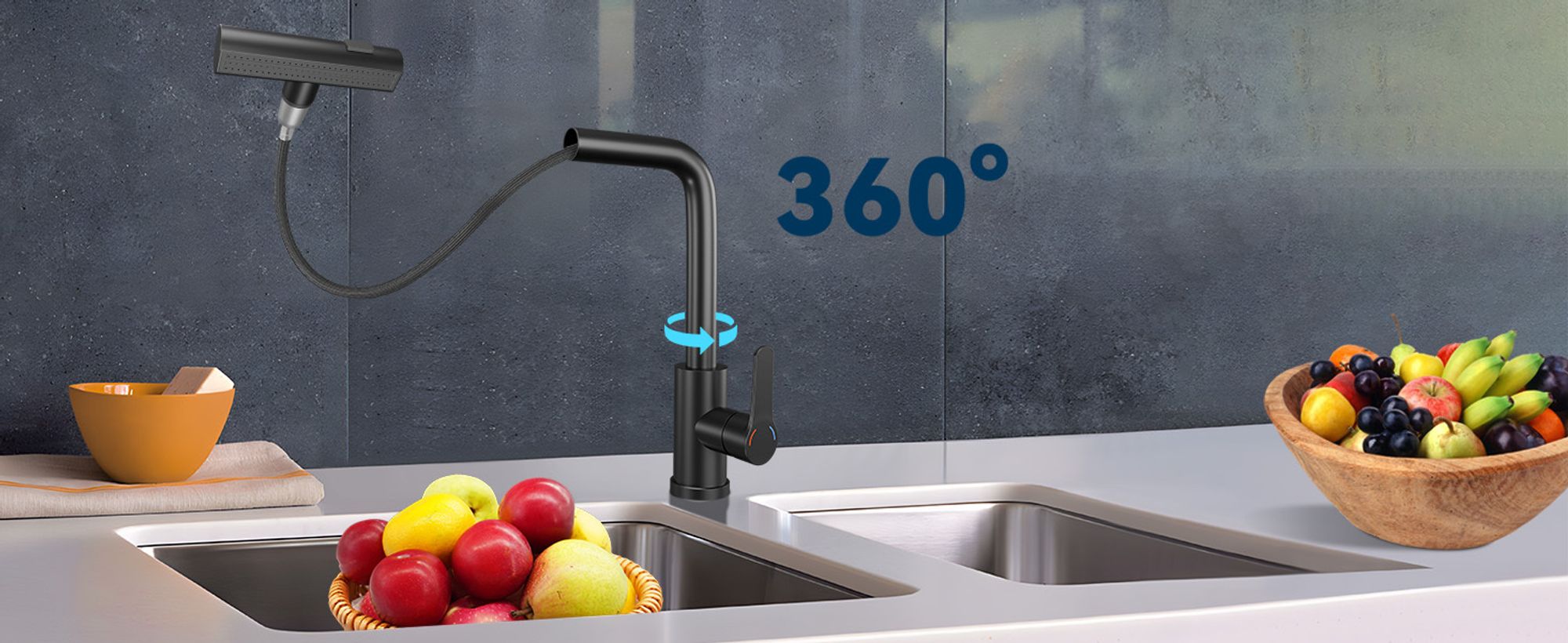 ZMH Wasserhahn Küche Küchenarmatur Schwarz Waterfall Spültischarmatur Ausziehbar mit Brause Mischbatterie Spüle 360° Drehbar Armatur Edelstahl mit 3 Strahlarten Küchenwasserhahn