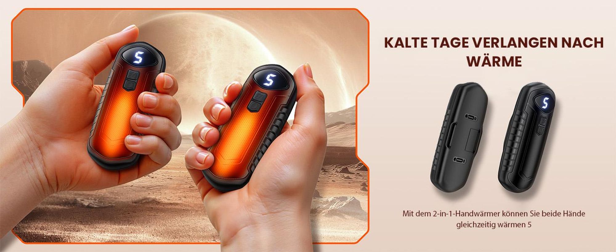 ZELURXX Kinder Handwärmer, tragbar USB wiederaufladbar, 5 Stufen Temperatur, 20h Laufzeit, 0,5s Schnellheizung, sicheres Design, Schwarz