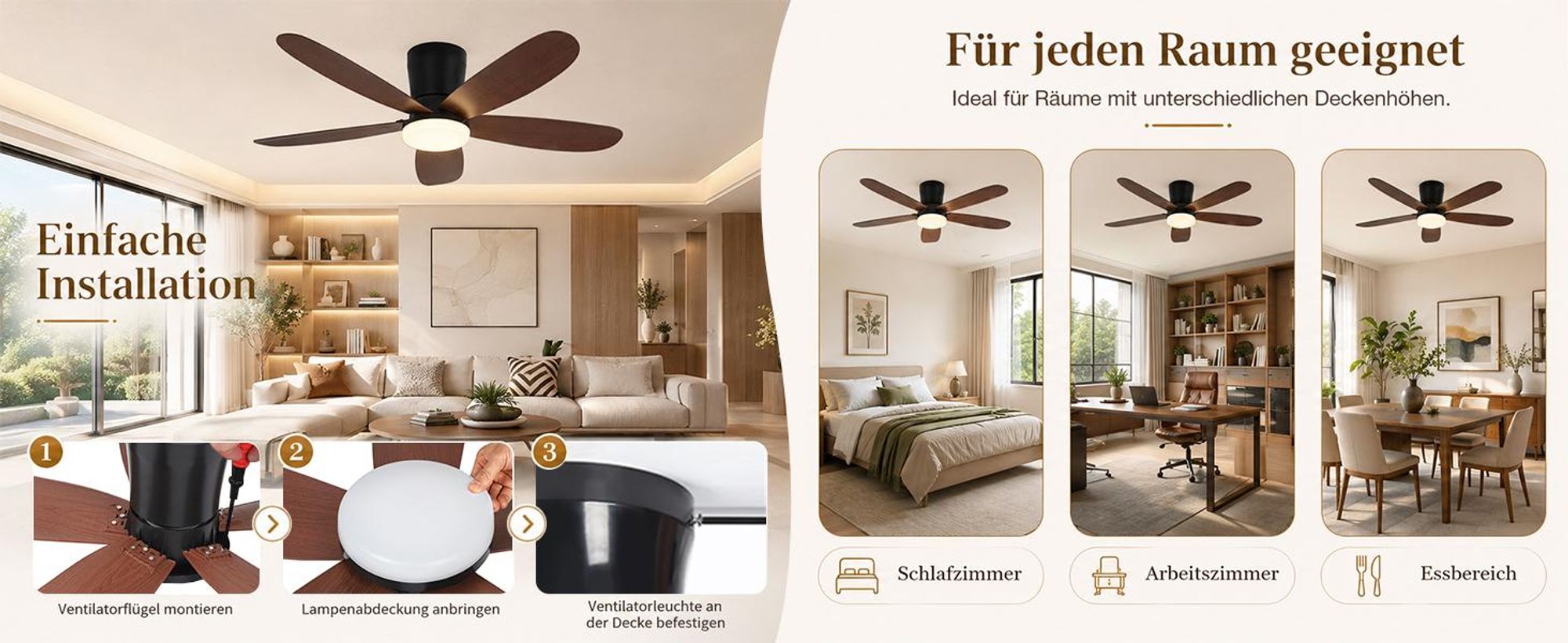 106cm Deckenventilator mit Beleuchtung und Fernbedienung DC Motor 3 Farbtemperatur Dimmbar 6 Stufen APP-Steuerung
