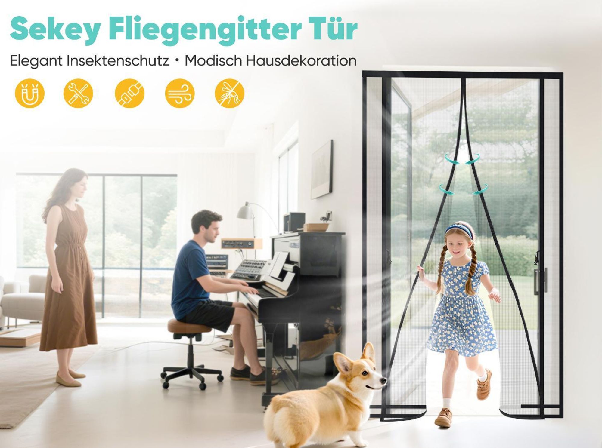 Sekey Insektenschutz Magnetisches Fliegengitter für Balkon ohne Bohren Mückenschutz Tür, Fliegenvorhang mit Magnetverschluss für Balkontür 70x210 cm