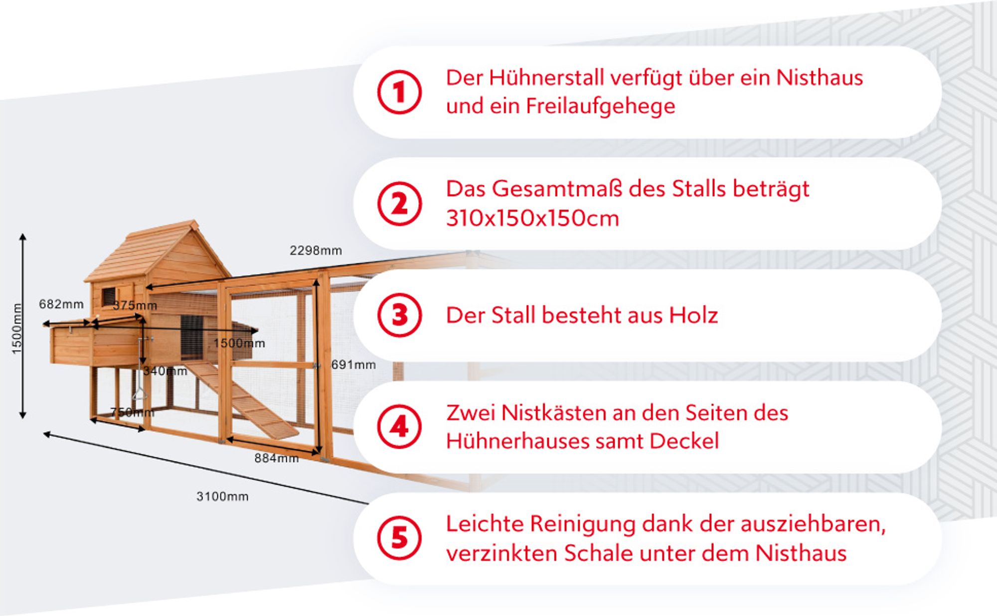 Wiltec Hühnerstall 3100 x 1500 x 1500 mm braun mit Freilauf und Nistkästen aus Holz, Hühnerhaus mit Unterschlupf, Gitter und Kotwanne verzinkt