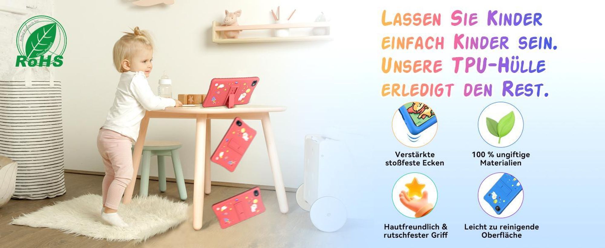 Tabwee K10 Kids 10.1" Rosa Tablet, Google Kids Space, 4GB RAM+64GB ROM, Android 15 WiFi Tablet für Kind mit Kindgerechte Hülle und Stift, 5000mAh