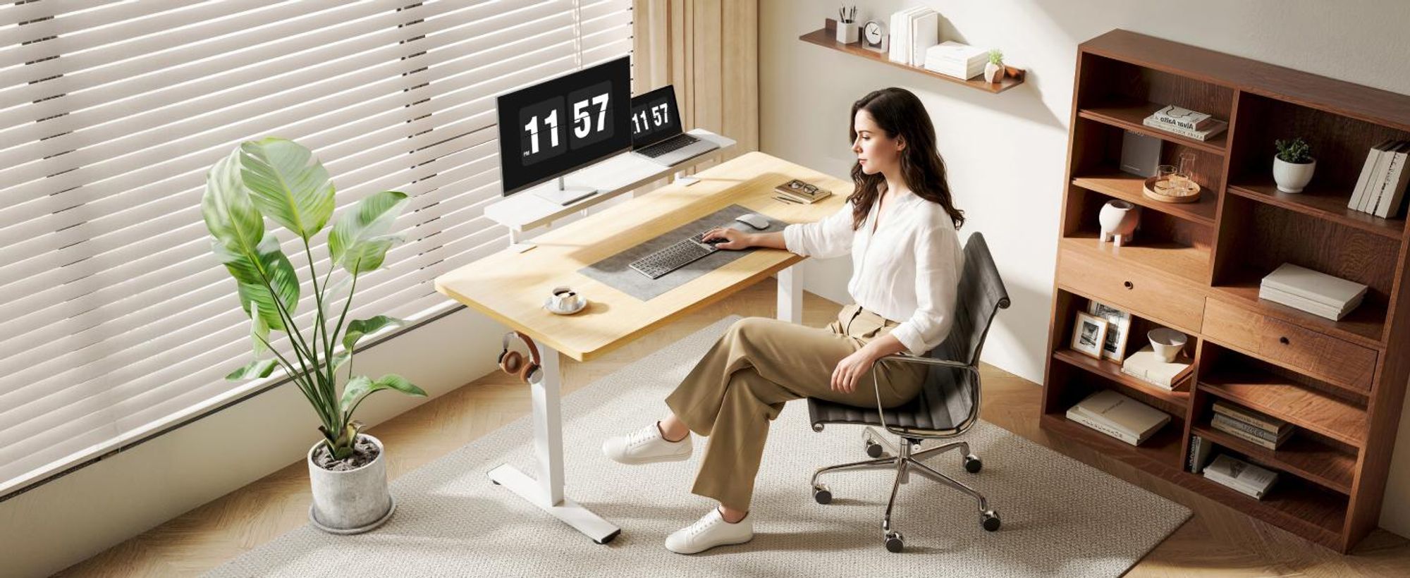 FLEXISPOT Monitorständer mit Klemme, 2 Ablagen, Kabelmanagement, 20 kg Tragkraft, 100 x 20 cm, bis 25 mm Tischplatte, Weiß