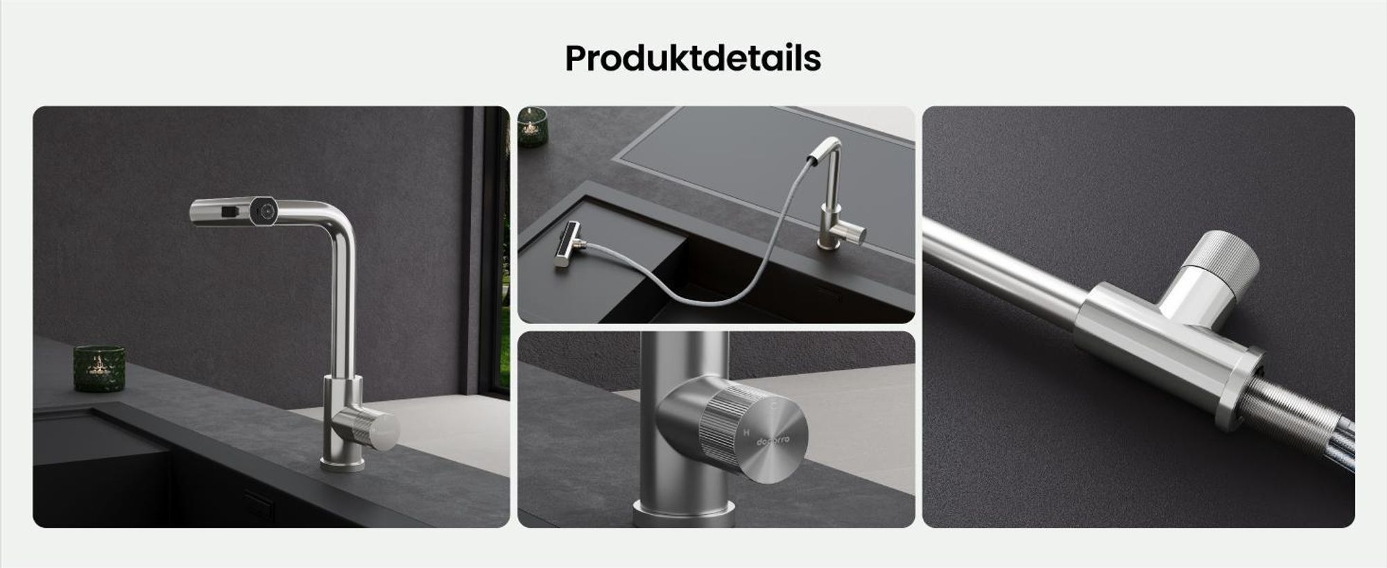Mai & Mai Wasserhahn Küche Küchenarmatur mit Brause Ausziehbar, Küchenwasserhahn 360°Schwenkbar 3 Sprühfunktionen, Mischbatterie Silber Turnix-02