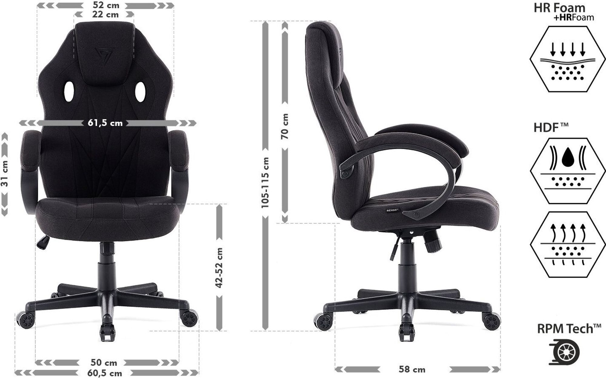 SENSE7 Prism Gaming Stuhl Stoff Schwarz - Ergonomischer Bürostuhl PC Schreibtischstuhl Zockerstuhl Wippfunktion Gamer Stuhl 120kg HDF™-Gewebe