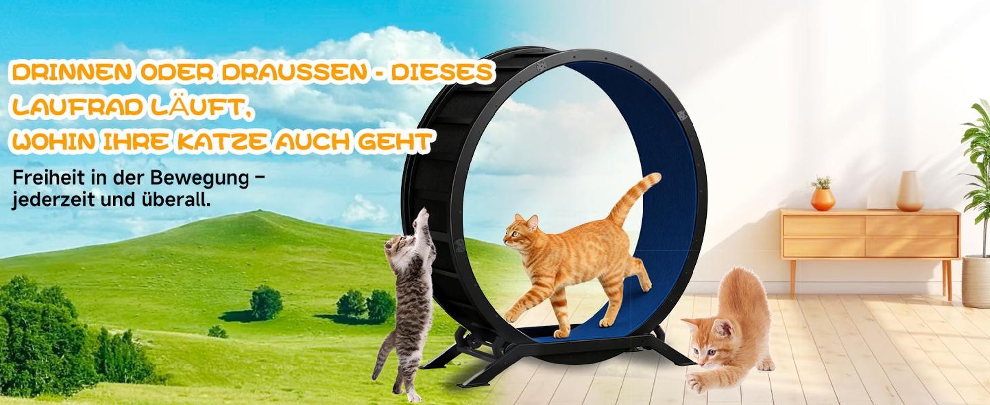 COMHOMA Katzenlaufrad, laufrad Katze, Extra großer 100 cm, ultraleises Laufrad mit Abnehmbarer Teppich und Spielzeug, Aufkleber, Metall, Blau