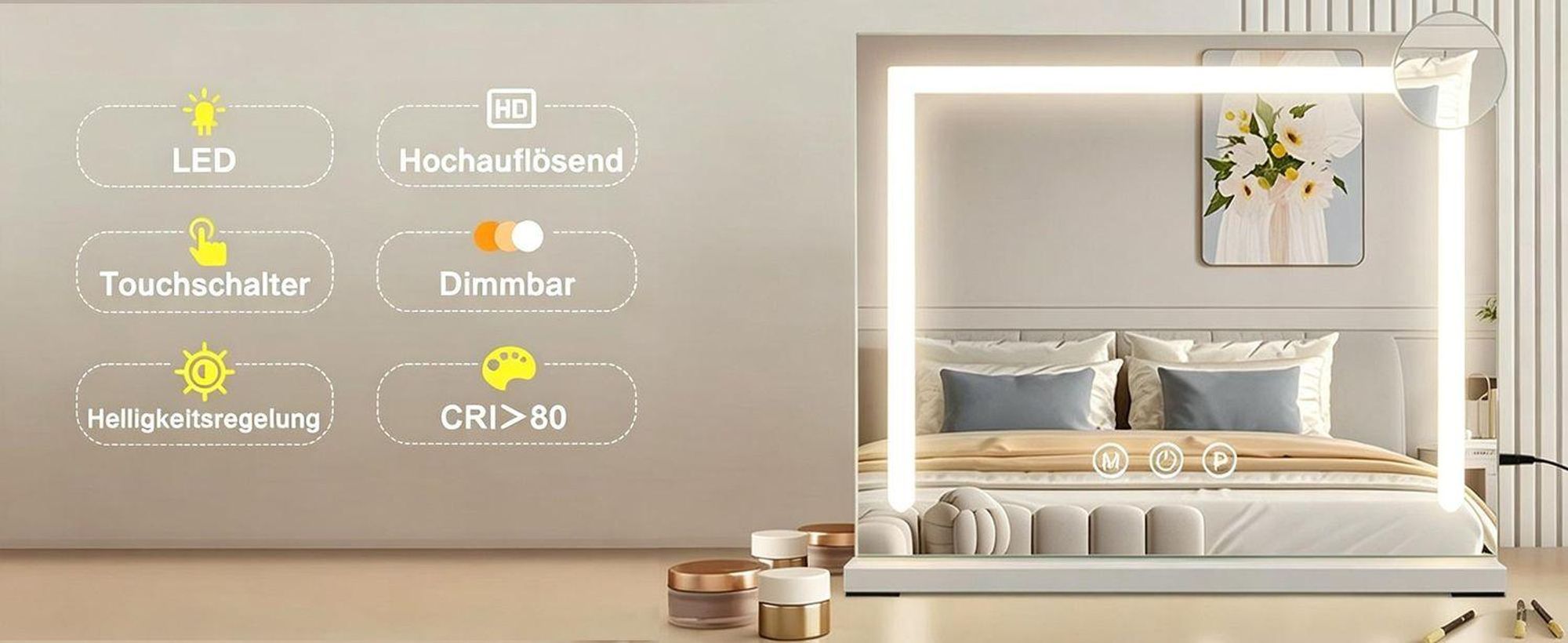 ZMH Specchio cosmetico con illuminazione 58 x 46 cm Specchio da toeletta con luce Touch LED dimmerabile 3 modalità di illuminazione colorata Specchio con ingrandimento 5x per camera da letto