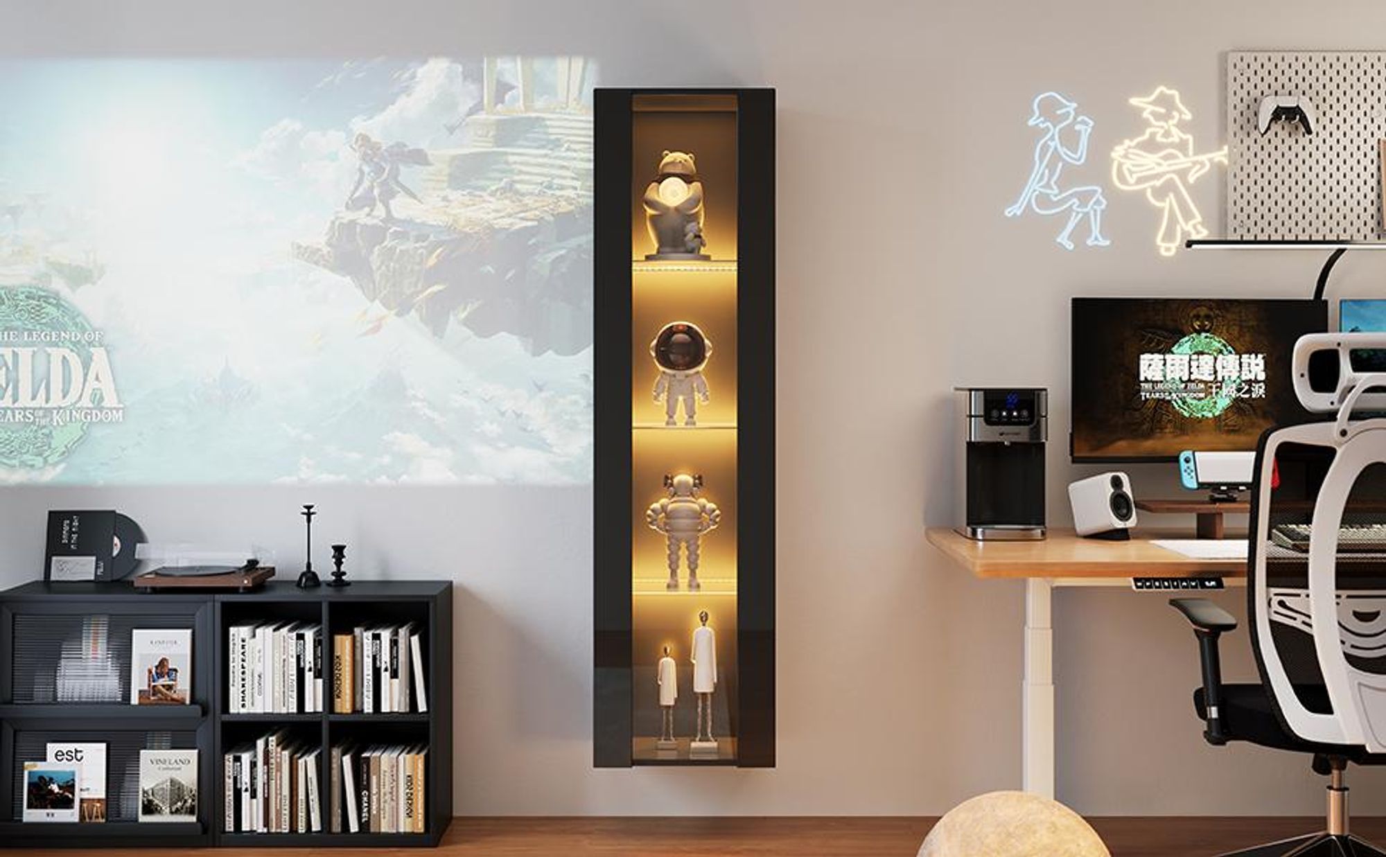 Merax Glasvitrine mit LED, App & Fernbedienung, Acryltüren, Glasböden, Badezimmerschrank, Vitrine Vitrinenschrank, Hochschrank, 40x29x170cm, Schwarz