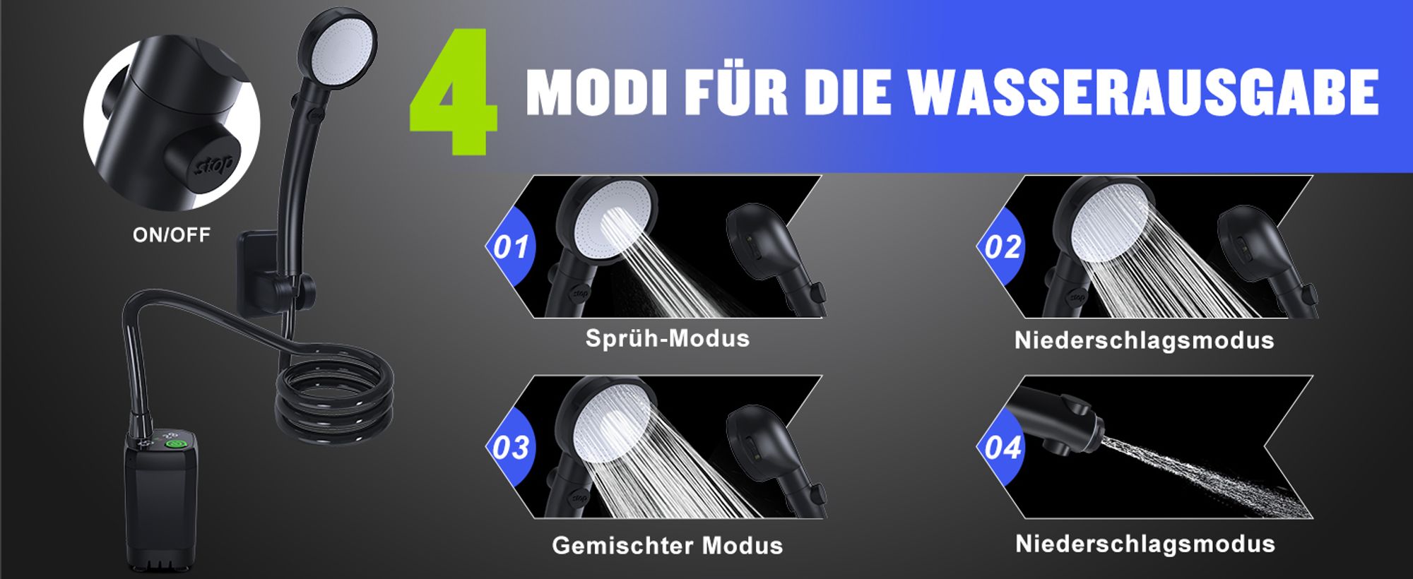 Tragbare Campingdusche,[6000 mAh] ,Pump- und Temperaturanzeige,mit Duschkopf und 2 m Schlauch für Garten, Waschen des Autos, Strand, Camping, Haustier