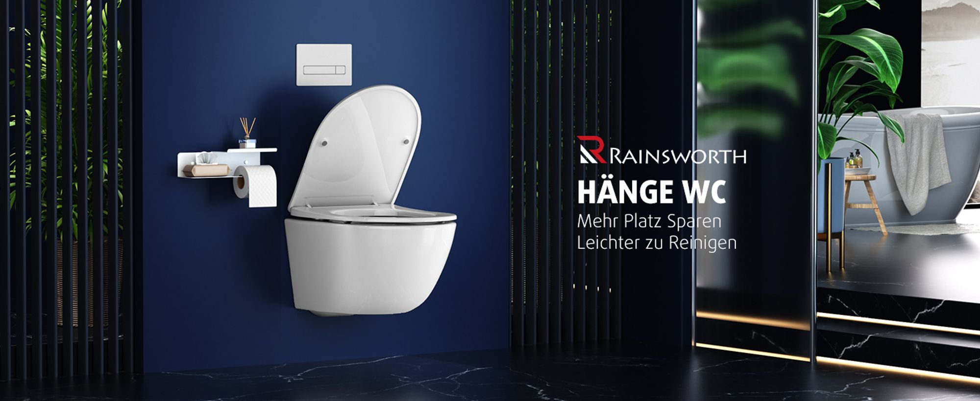 Rainsworth Hänge WC Spülrandlos Toilette - Starker Spülung, Kloschüssel inklusive WC-Sitz Absenkautomatik, Kompakt Design Toilette 48,5 cm lang, Einfa