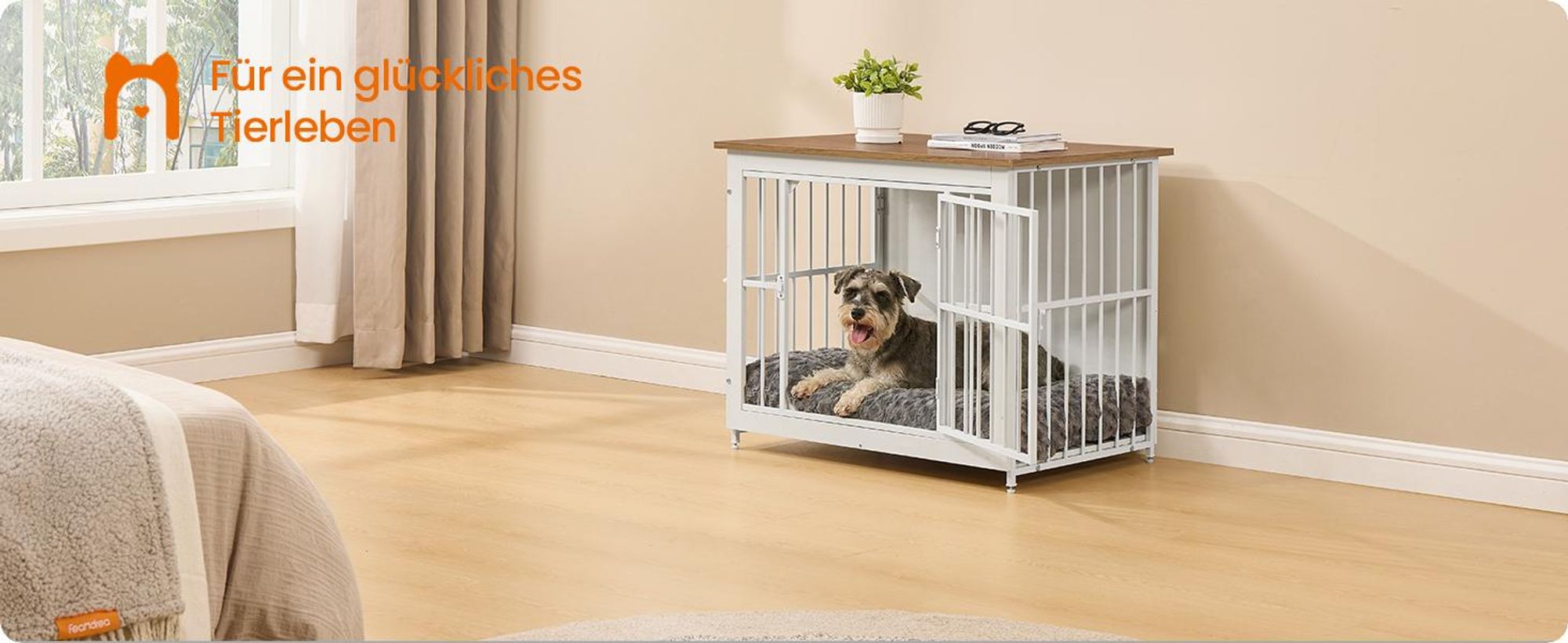 FEANDREA Hundehütte Indoor, stabiler Hundekäfig, Hundebox mit 2 Türen, 82 x 55 x 64 cm, weiß-braun