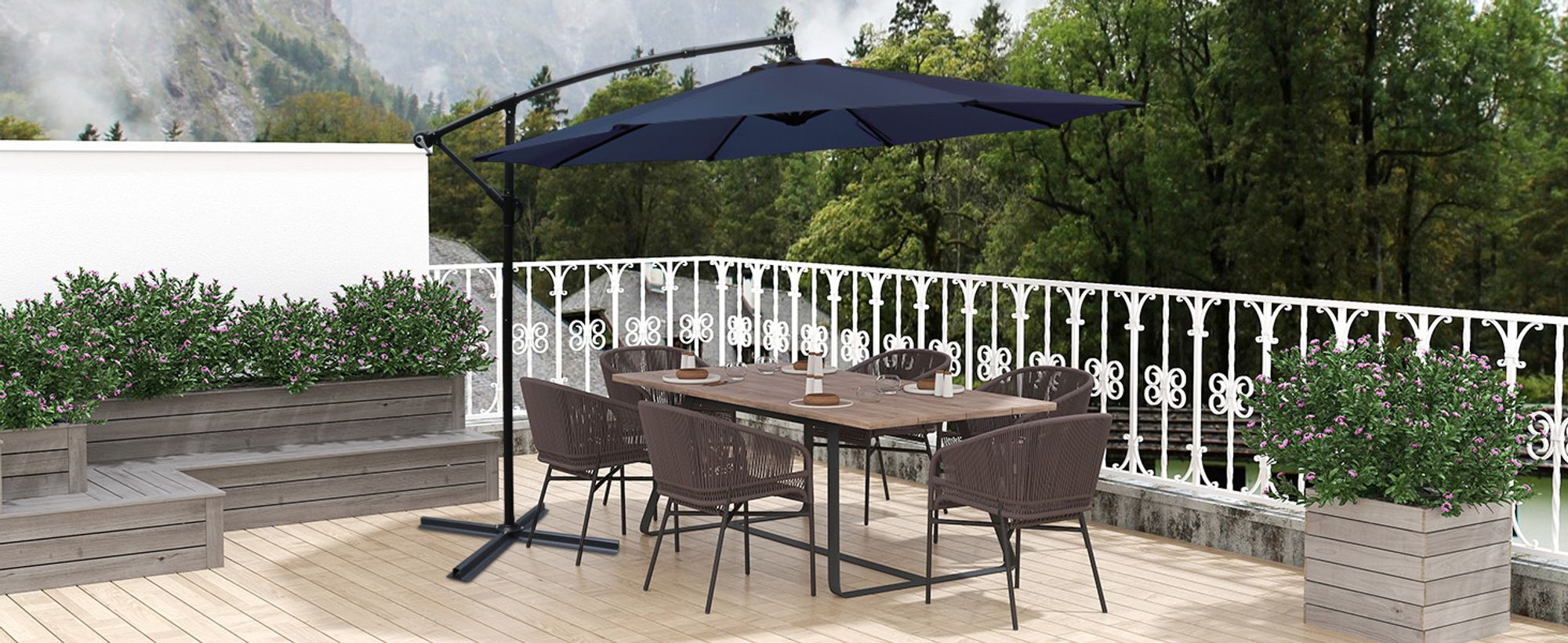 Puluomis Sonnenschirm verstellbare Ampelschirm mit Kurbel ohne Ständer, Ø300cm UPF 30+ Aluminiumrahmen Balkonschirm Strandschirm Gartenschirm blau