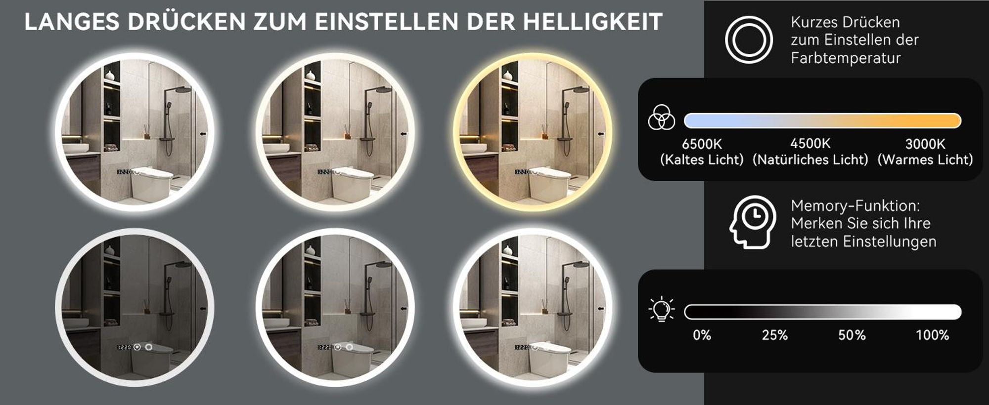 Puluomis Badspiegel beschlagfrei 50cm mit Uhr Temperatur, 3 Farbe dimmbare Helligkeit LED Beleuchtung,Badezimmerspiegel 6500k spritzwassergeschützt