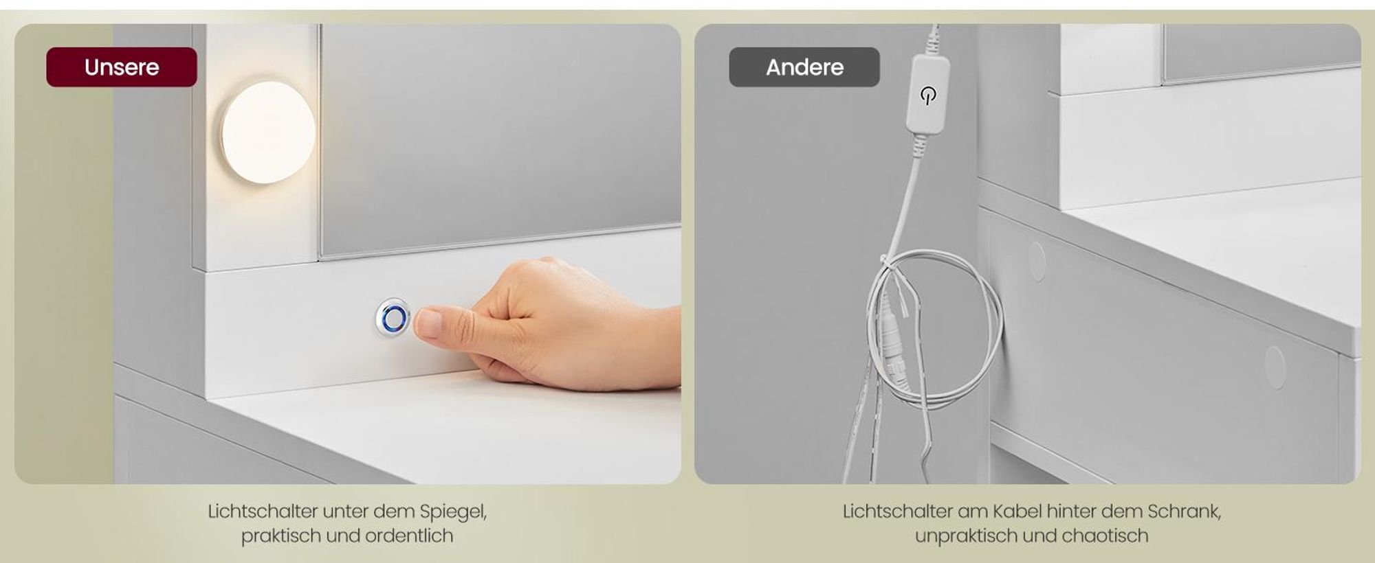 VASAGLE Schminktisch mit LED-Beleuchtung, Frisiertisch mit Spiegel, Schmuckschrank, Steckdosenleiste, 40 x 125 x 140 cm, Kosmetiktisch mit Schubladen