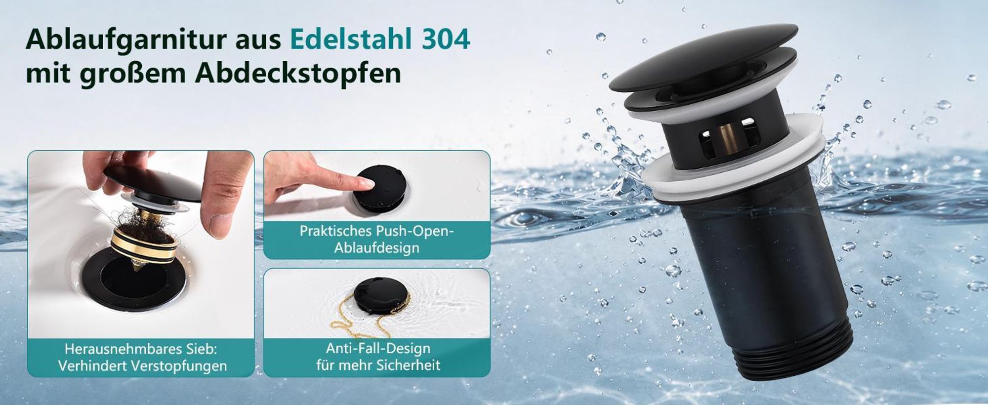 Homelody Wasserhahn Bad Schwarz Edelstahl mit Pop-Up Ablauf Edelstahl, Waschtischarmatur Badarmatur mit Ablaufgarnitur 1 1/4 Zoll Waschbecken Armatur