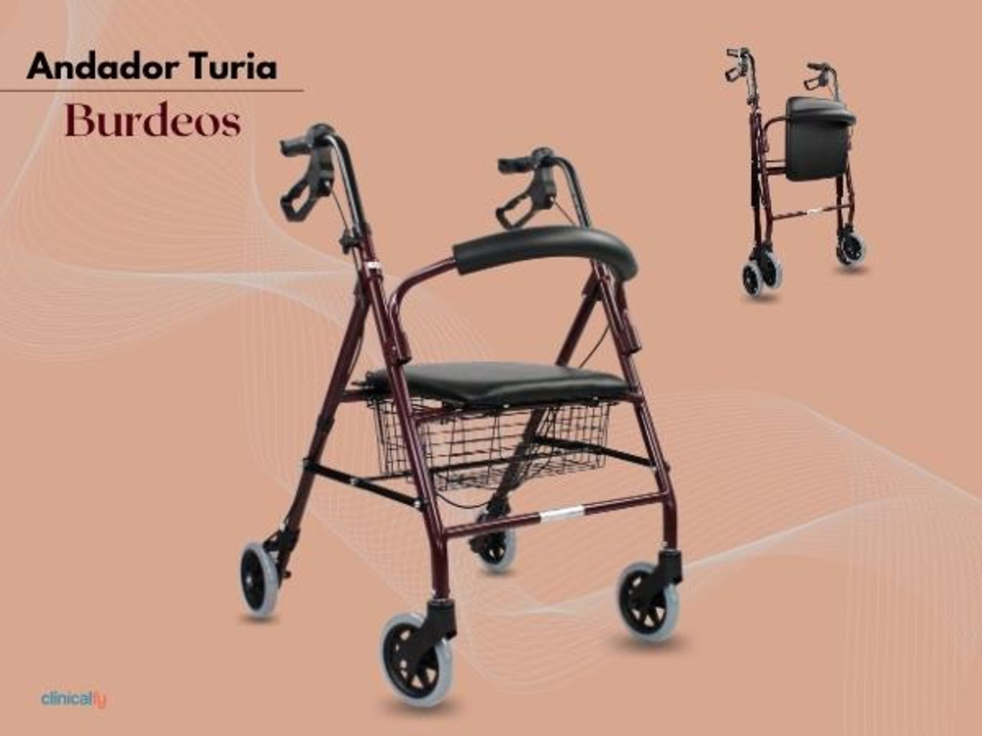 Rollator Faltbar Handbremsen 4 Räder Sitz und Rückenlehne Bordeaux TURIA Clinicalfy Faltbarer Gehwagen