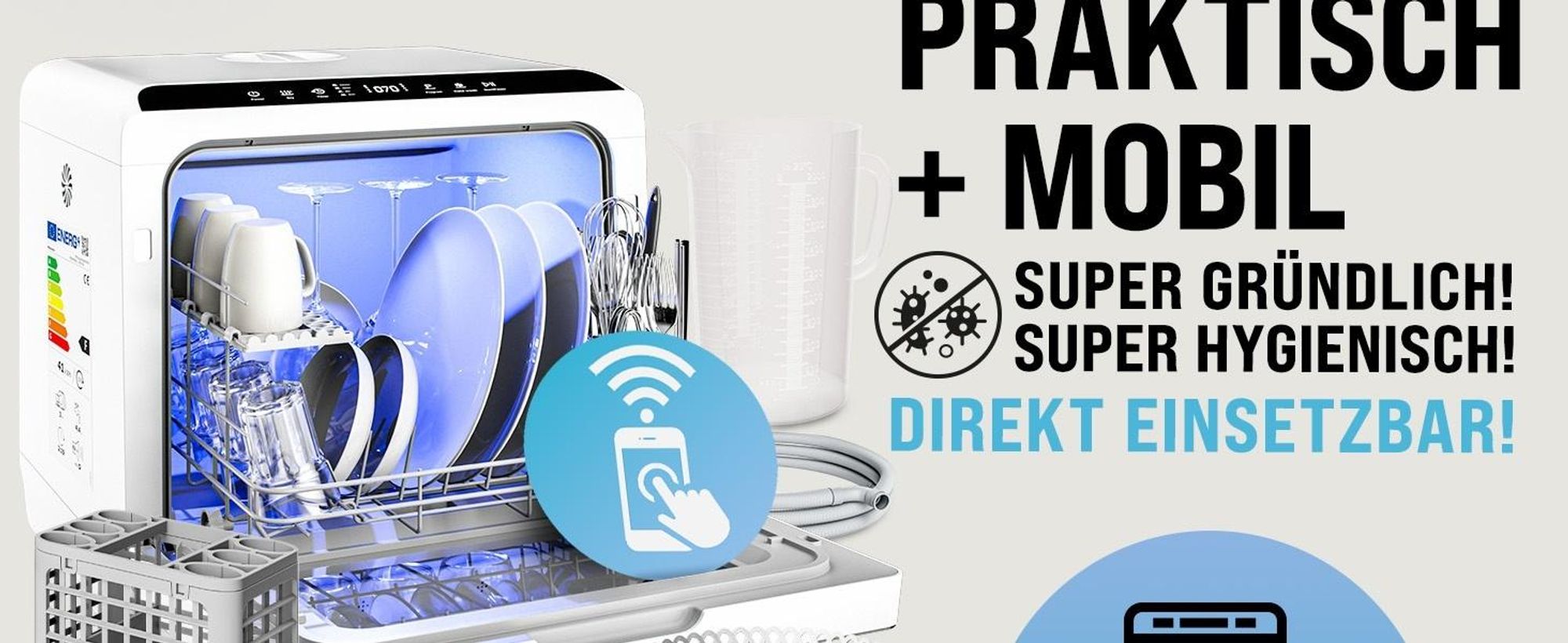 MONZANA® Tischspülmaschine ohne Wasseranschluss App Funktion sparsamer Verbrauch 4,5L 6 Programme 4 Gedecke 45cm Mini Geschirrspüler Spülmaschine Weiß