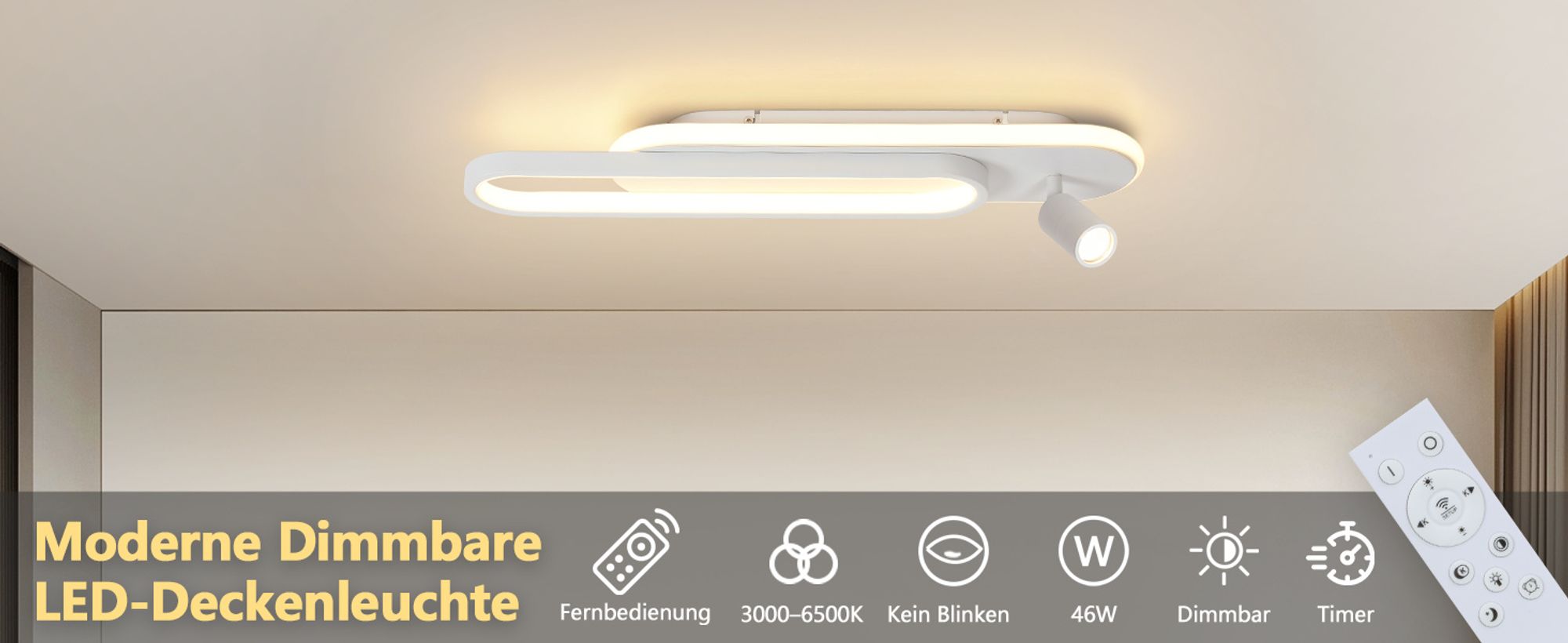 ZMH LED Deckenleuchte Wohnzimmer Deckenlampe Dimmbar mit 1Deckenstrahler Fernbedienung Weiß Küchenlampe 46W Modern 3000K - 6500K Schlafzimmerlampe