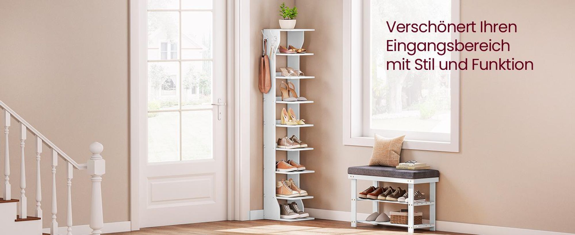 Schuhregal schmal, Standregal platzsparend, 9 Ebenen, für Eingangsbereich, Ecke, Schuhablage, weiß