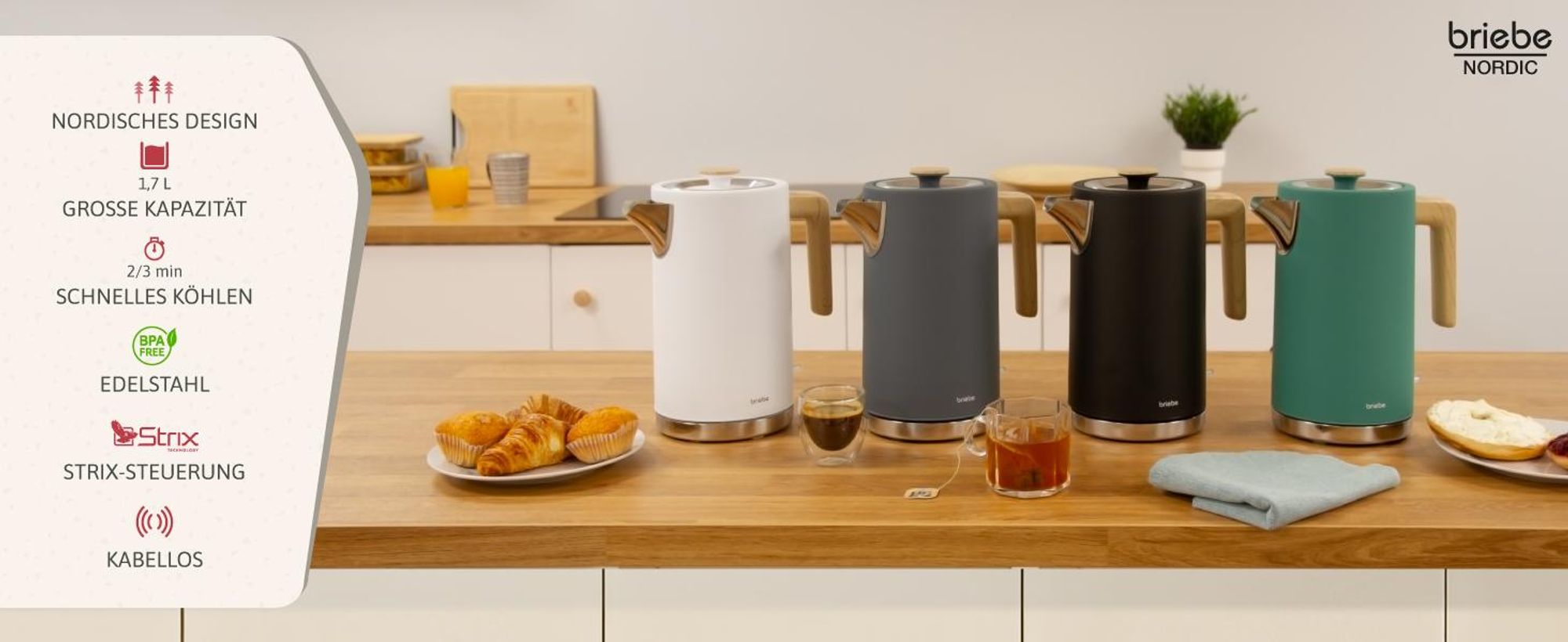 Briebe KT1165GRE, 1,7 l, 2200 W, Grün, Edelstahl, Wasserstandsanzeige, Überhitzungsschutz