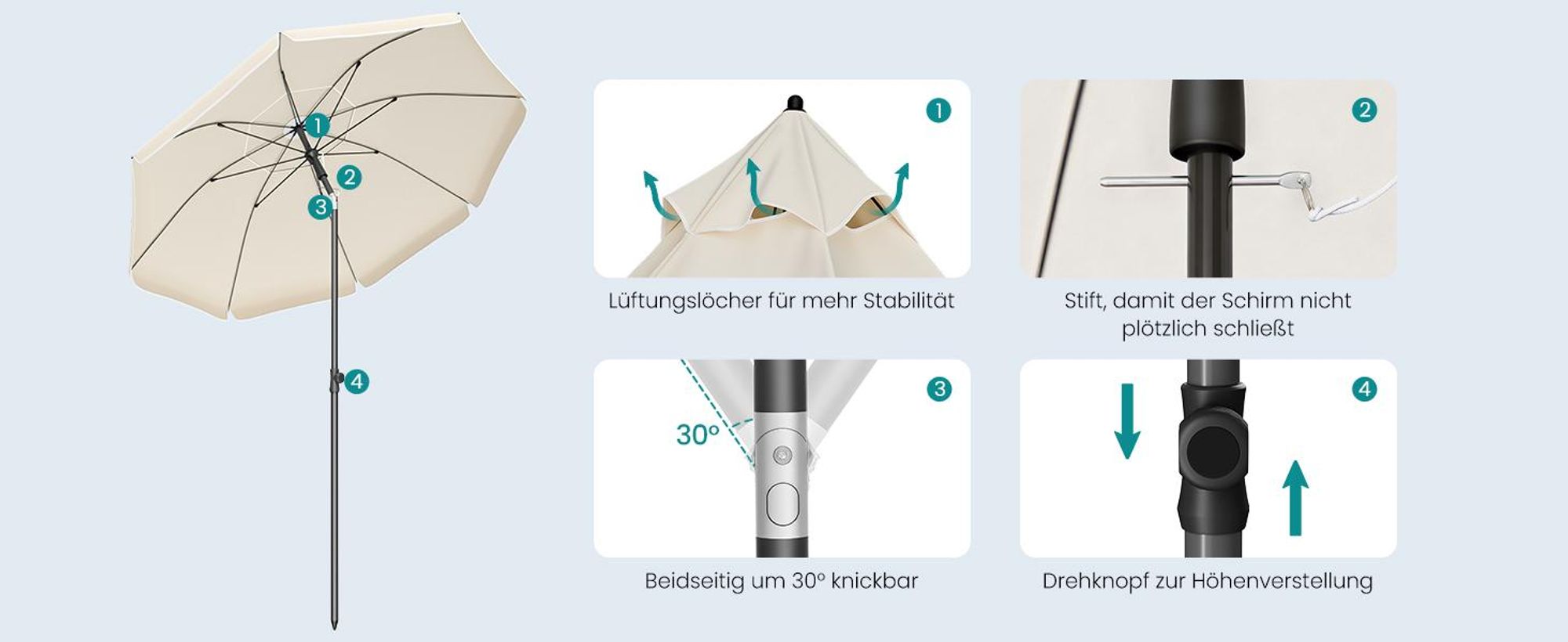 SONGMICS Strandschirm höhenverstellbar, UV-Schutz UPF 50+, Sonnenschirm mit Tragetasche, für Garten, ohne Ständer, beige