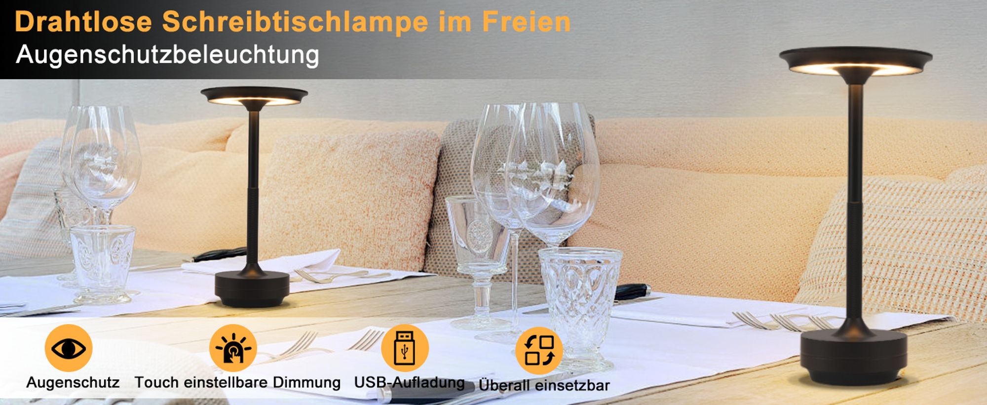 ZMH Tischlampe Kabellos Nachttischlampe Akku LED Tischleuchte Touch Dimmbar Lampe mit USB Aufladbar Schwarz Batterie Tischlampen für Modern Fensterbank Wohnzimmer Kinderzimmer Schlafzimmer
