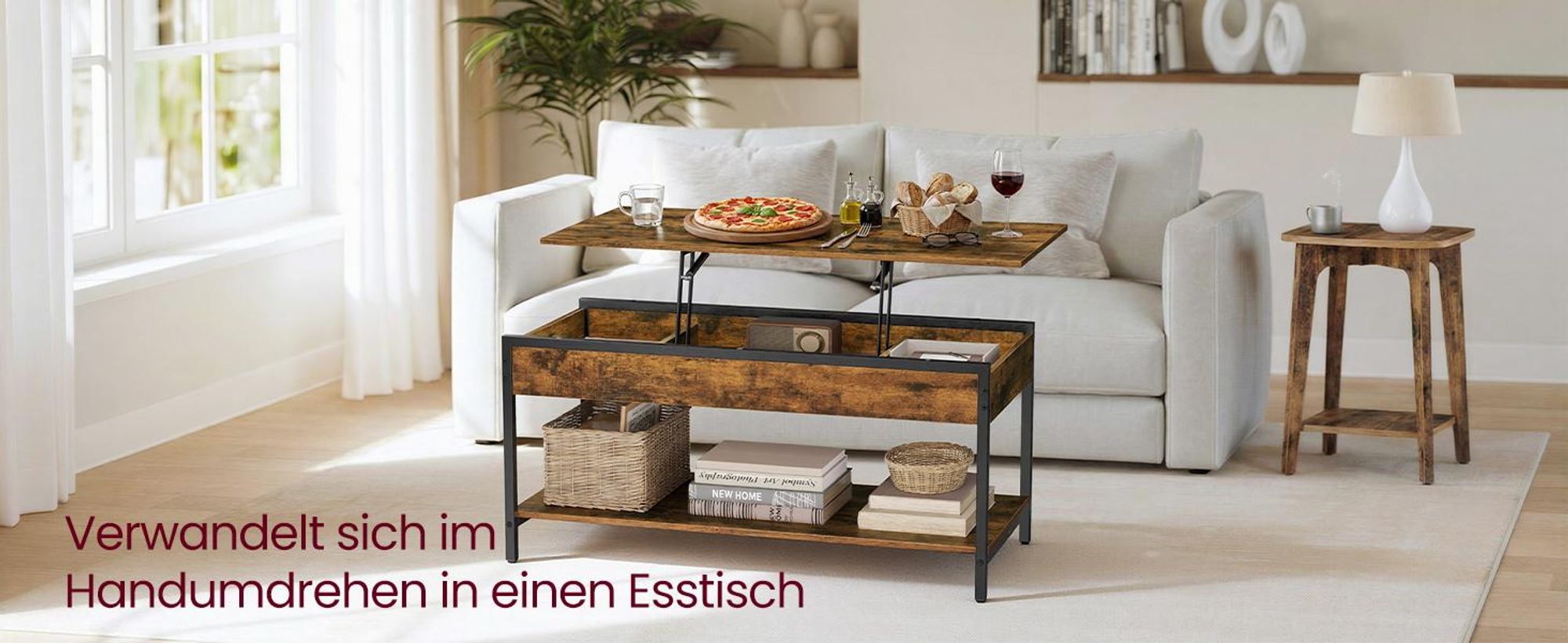 VASAGLE Wohnzimmertisch mit Stauraum, höhenverstellbarer Sofatisch, Couchtisch für Wohnzimmer, 100 x 50 cm, vintagebraun-schwarz