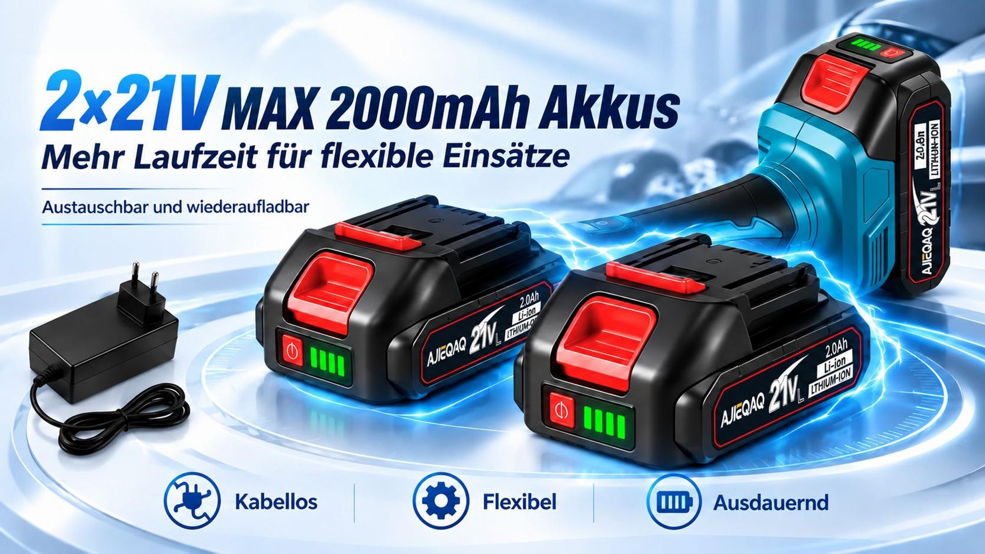 Akku-Poliermaschine 21V MAX, Exzenter-Poliermaschine 150 mm, 9 Stufen, 2500–7800 U/min, 2×2,0Ah Akkus, Soft Start