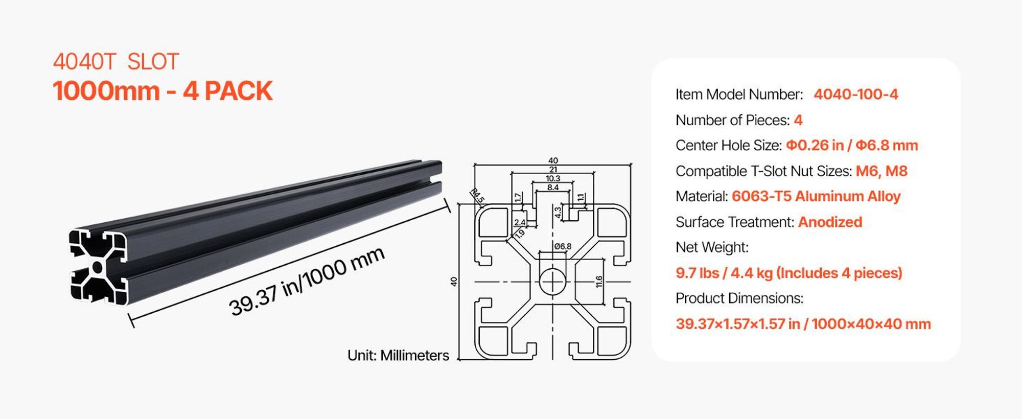 VEVOR 4PCS 39,4 in (1000mm) T Slot 4040 Aluminium-Extrusionsprofil, Europäischer Standard anodisierte Linearführung, hochfester extrudierter Aluminium-Schienen für 3D-Drucker, CNC-Maschinen DIY, Lasergravur, Schwarz, 4040 Serie, 1000 mm