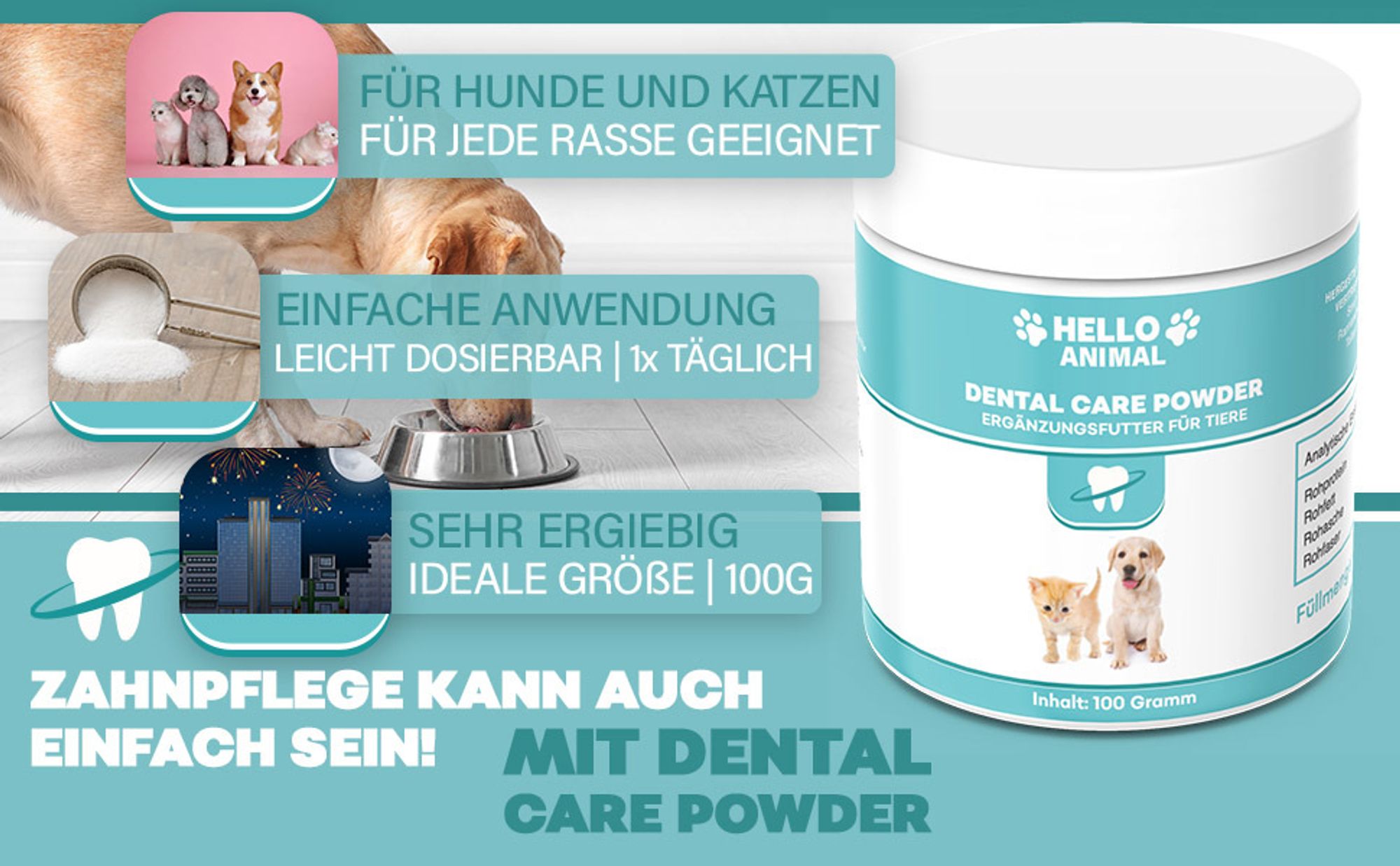 Hello Animal® | Dental Care Pulver - Zahnreinigung und Zahnpflege – Mundgeruch bekämpfen - für Hunde und Katzen