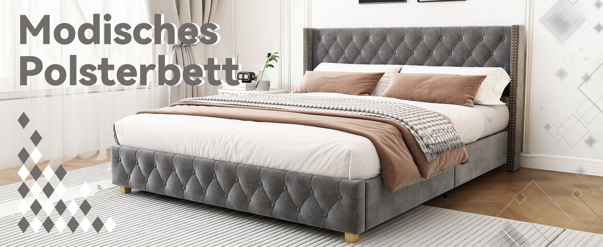 okwish Polsterbett Doppelbett 160×200cm mit Lattenrost und Kopfteil, Knopfpolsterung, Nietenpolsterung, Samt, Grau,Ohne Matratze