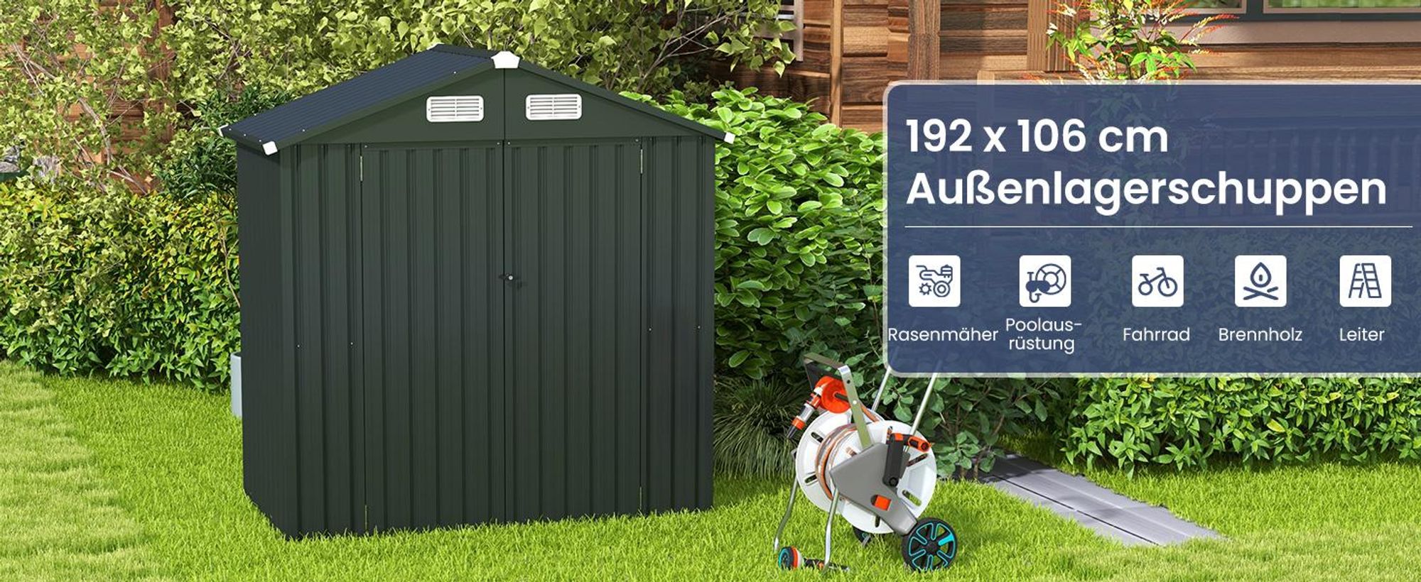 COSTWAY Gerätehaus Metall, Geräteschuppen mit 4 Lüftungen&abschließbare Türen, Gartenhaus Wetterfest für Garten, Hinterhof, 193x108x196 cm, Dunkelgrau
