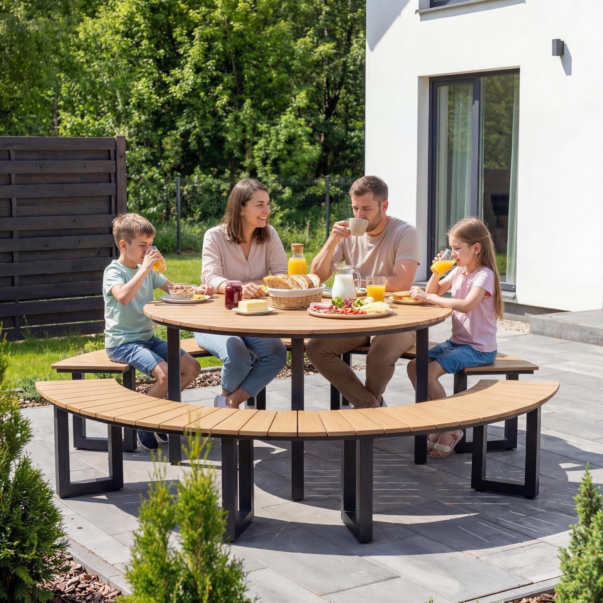 di volio Gartenmöbel Set PORTOFINI - Beige, Sitzgruppe outdoor mit rundem Tisch und Sitzbänken, Esstisch mit stühlen aus wetterfestem PS-Board