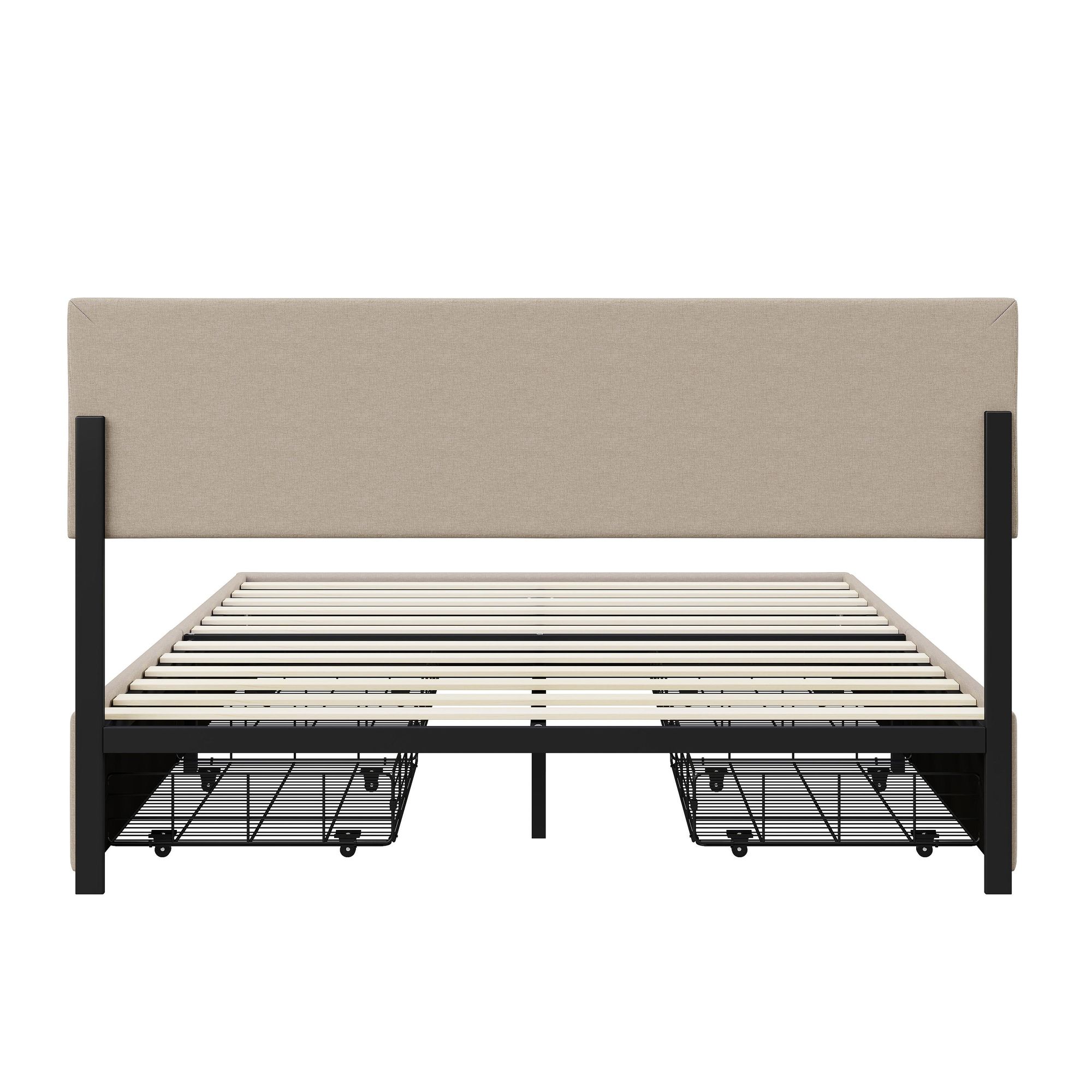 Fortuna Lai Polsterbett 160x200cm mit höhenverstellbarem Kopfteil, LED und 4 Schubladen, Funktionsbett Doppelbett aus Leinen, Beige
