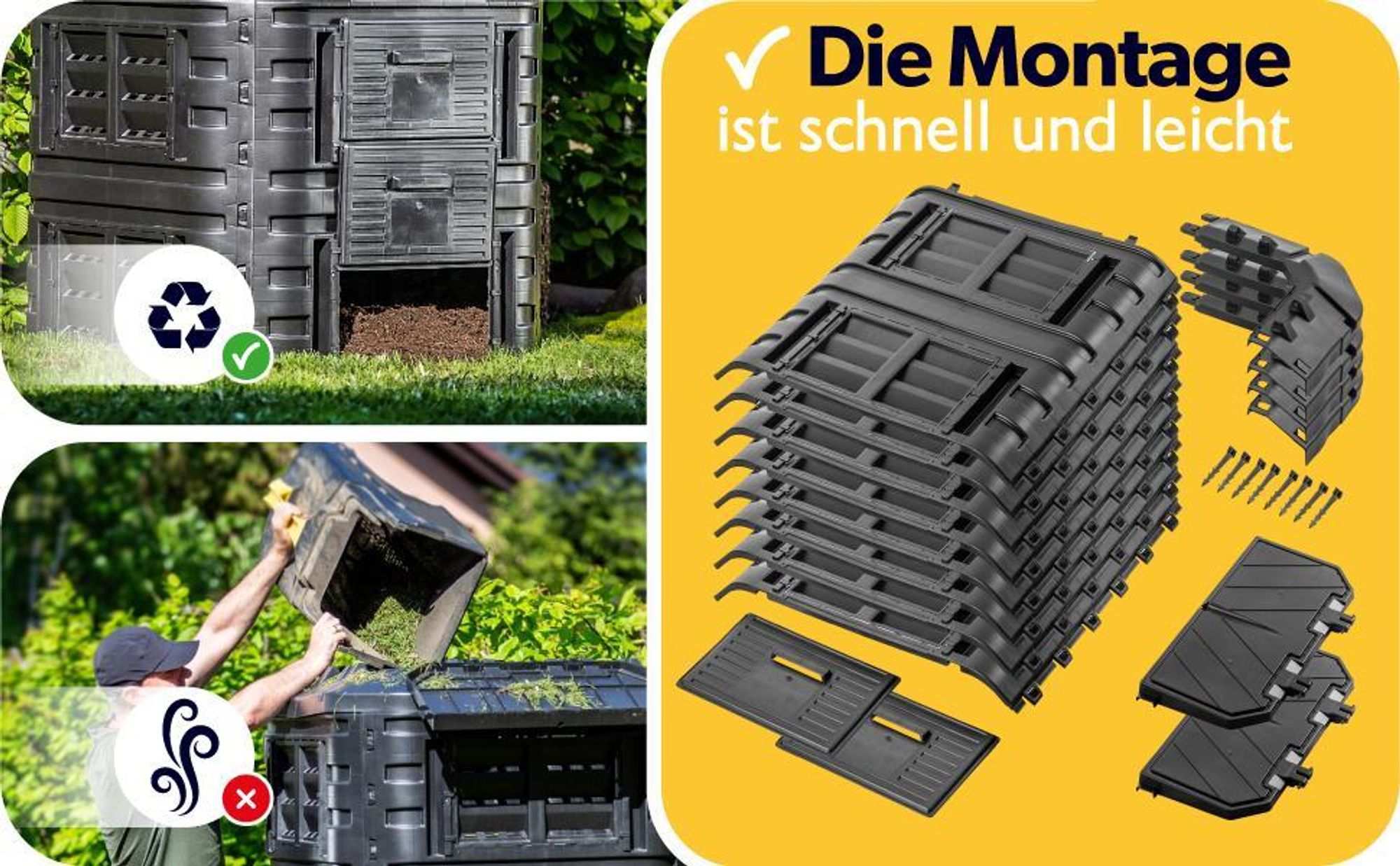 KADAX Modul-Kompostanlage, Schnellkomposter aus Kunststoff, Komposter mit Druckknöpfen, schwarzer Thermokomposter mit klappbarem Deckel (1260L)