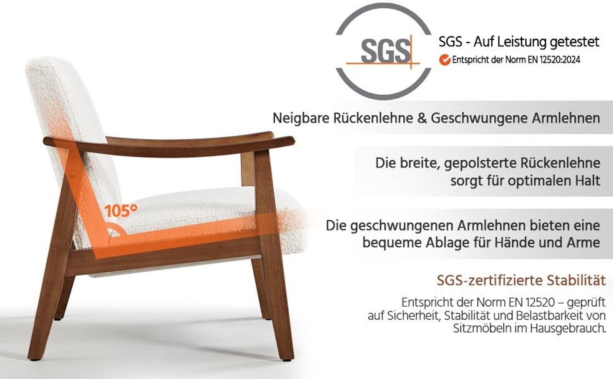 Yaheetech Relaxsessel Retro Loungesessel Polsterstuhl, Armlehnen aus Holz, bis 136 kg belastbar, Elfenbein