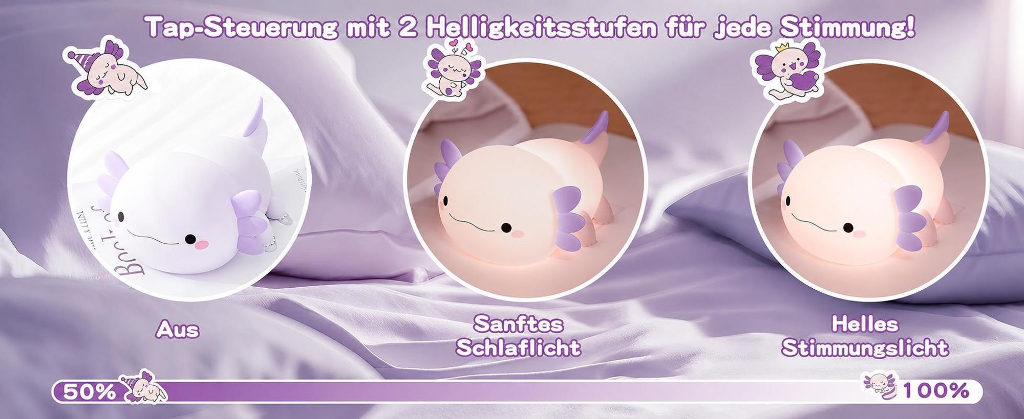 LED Axolotl Nachtlicht,Verstellbares Silikon -Nachtlicht,USB -Ladebett -Nachttischlampen,Berührungssteuerung,Geschenk mit Timer,Babyzimmerdekor,Lila