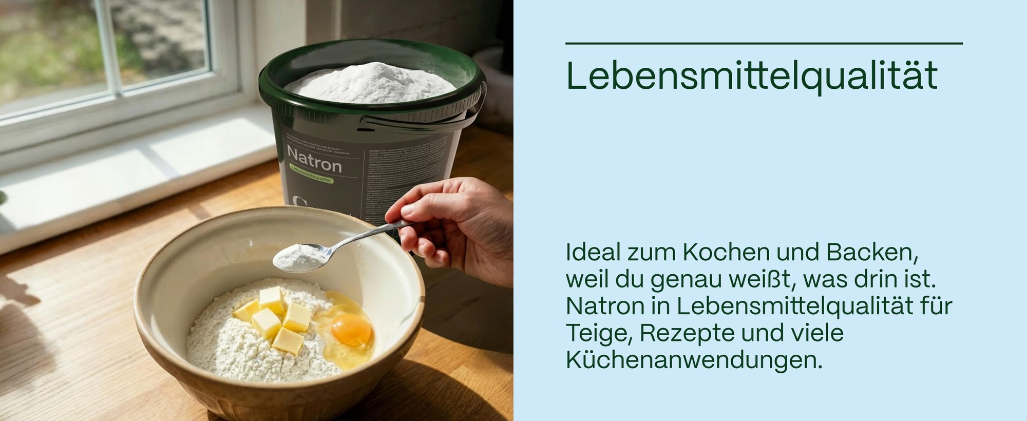 Schüssel mit <b>Mehl</b>, <b>Butter</b> und <b>Ei</b> sowie Natron in Lebensmittelqualität.