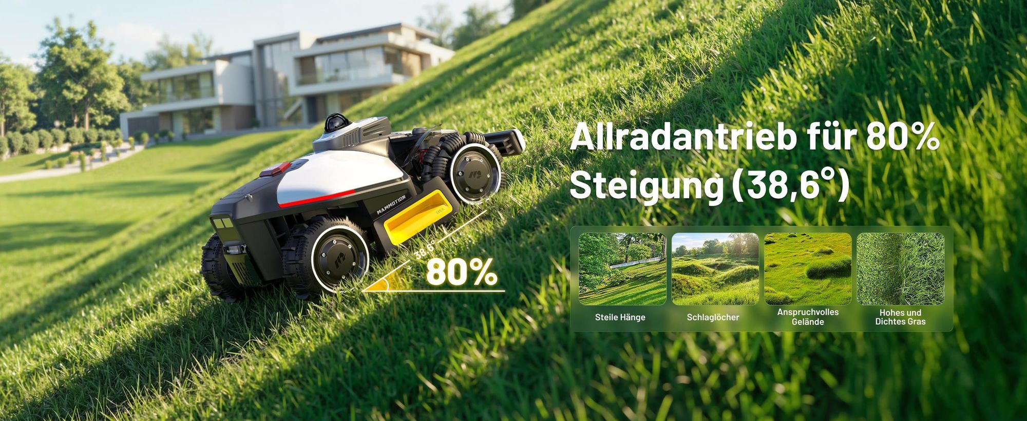 Mähroboter Mammotion LUBA Mini 2 AWD 1500, ohne Kabel, bis zu 1500m², Randmähen, DropMow, Allradantrieb, 80% Steigung, Auto-Kartierung, 4G Moudel, APP