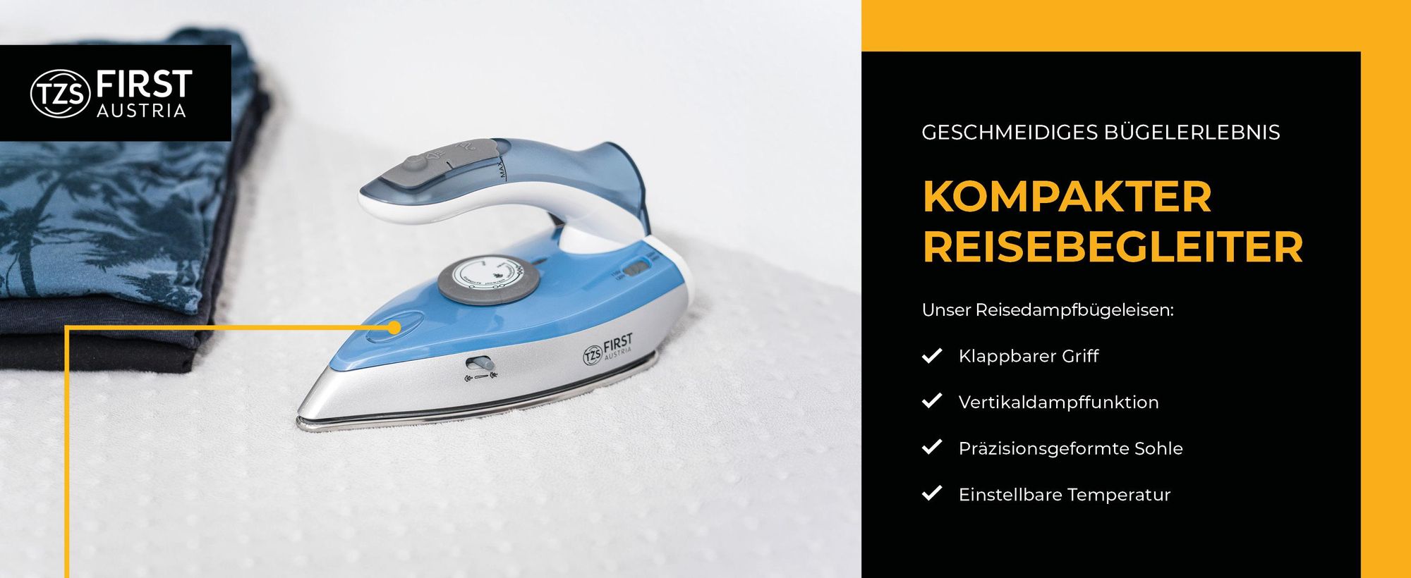 TZS First Austria Reisebügeleisen, mini Bügeleisen mit Klappgriff - 60 ml Wassertank, 100-240V, Dampfbügeleisen
