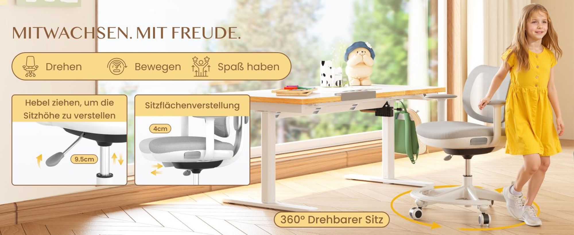 FLEXISPOT Kinderschreibtisch und Stuhl Set, Elektrisch höhenverstellbar, Neigbare Tischplatte, 3 Speicherplätze, Kindersicherung, 110x52 cm